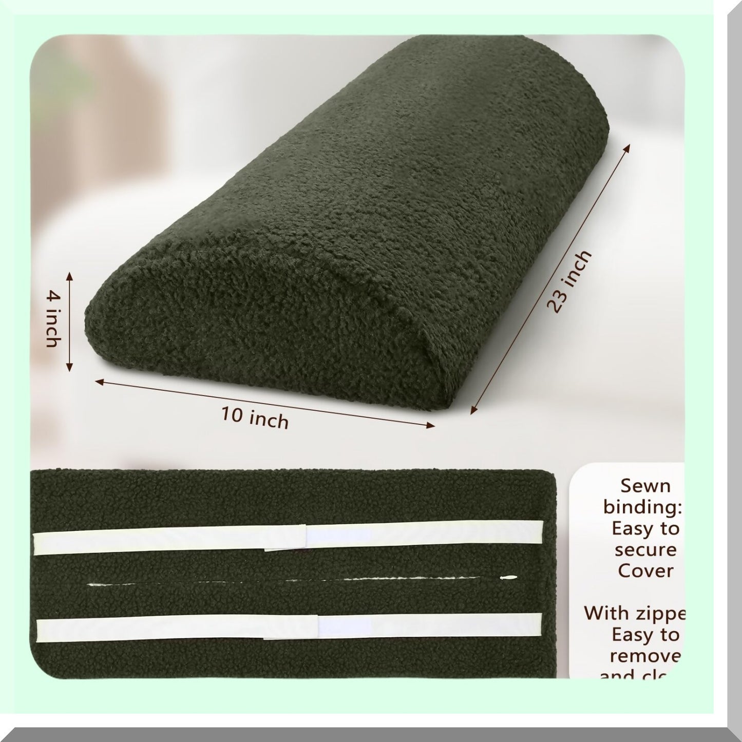 SleepWell Leg Support Pillow - Sherpa Covered Foam Bolster for Sleeping, Half Moon Foot Rest Cushion for Bed Chair Sofa, Back Lumbar Support, Multi Purpose Recliner, 23 x 10 x 4 Army Green