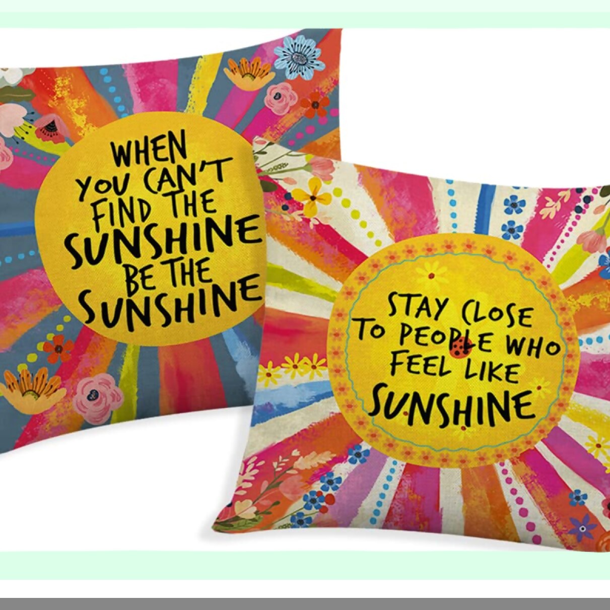 Sunshine Quotes Decorative Pillow Covers - Inspirational Gifts for Girls & Women - Colorful Cushion Cases for Sofa, Couch, Bed - Set of 2 - 18" x 18"