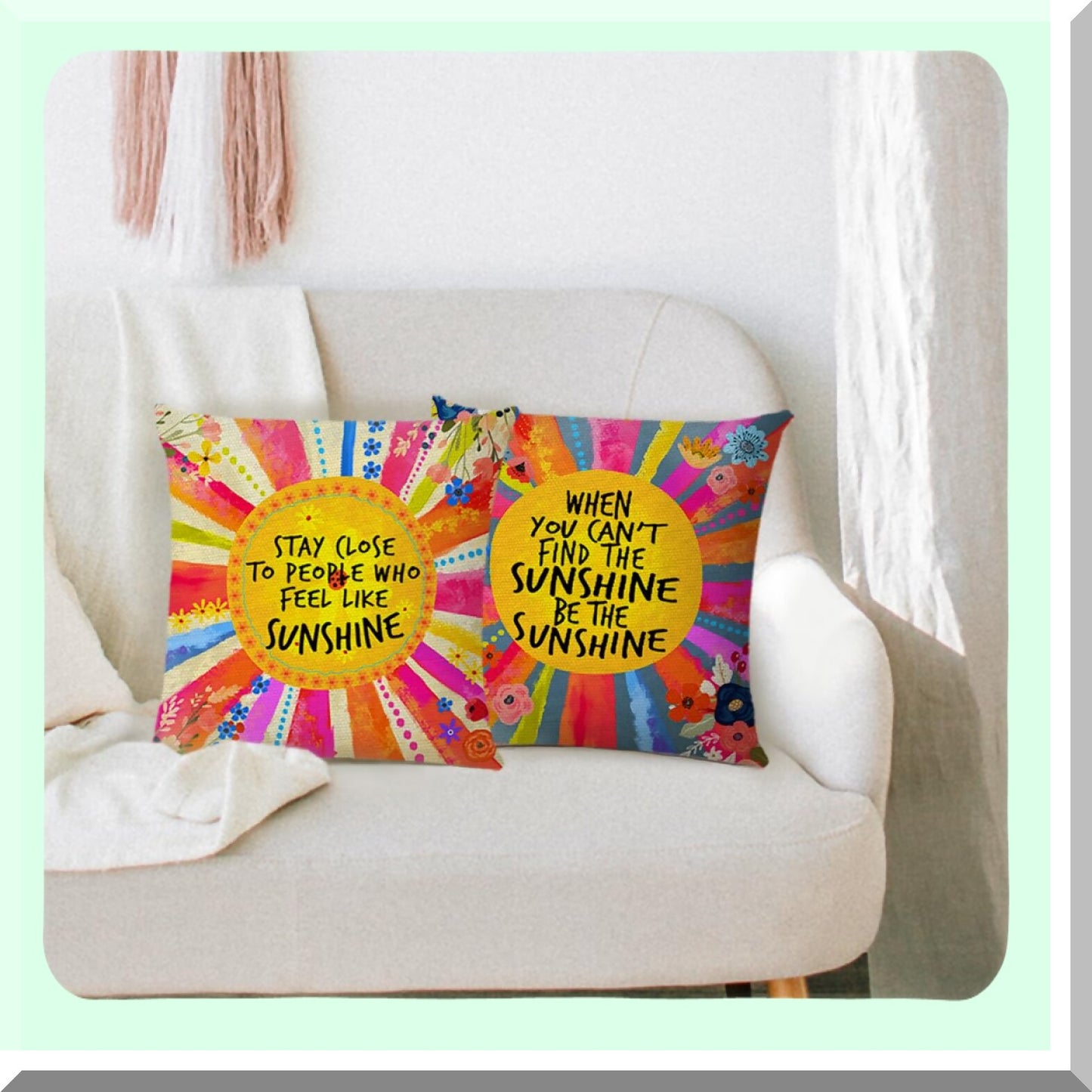 Sunshine Quotes Decorative Pillow Covers - Inspirational Gifts for Girls & Women - Colorful Cushion Cases for Sofa, Couch, Bed - Set of 2 - 18" x 18"