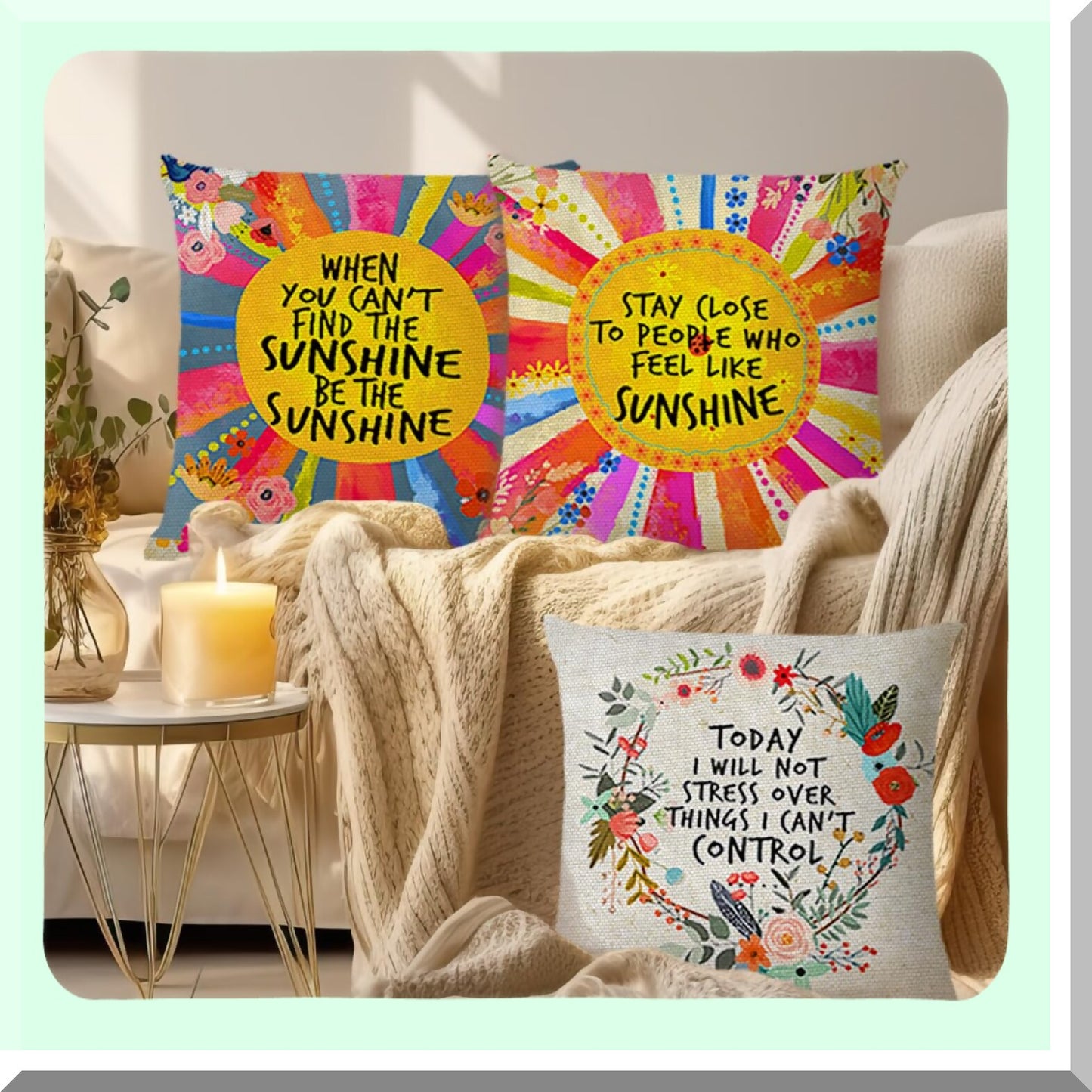 Sunshine Quotes Decorative Pillow Covers - Inspirational Gifts for Girls & Women - Colorful Cushion Cases for Sofa, Couch, Bed - Set of 2 - 18" x 18"