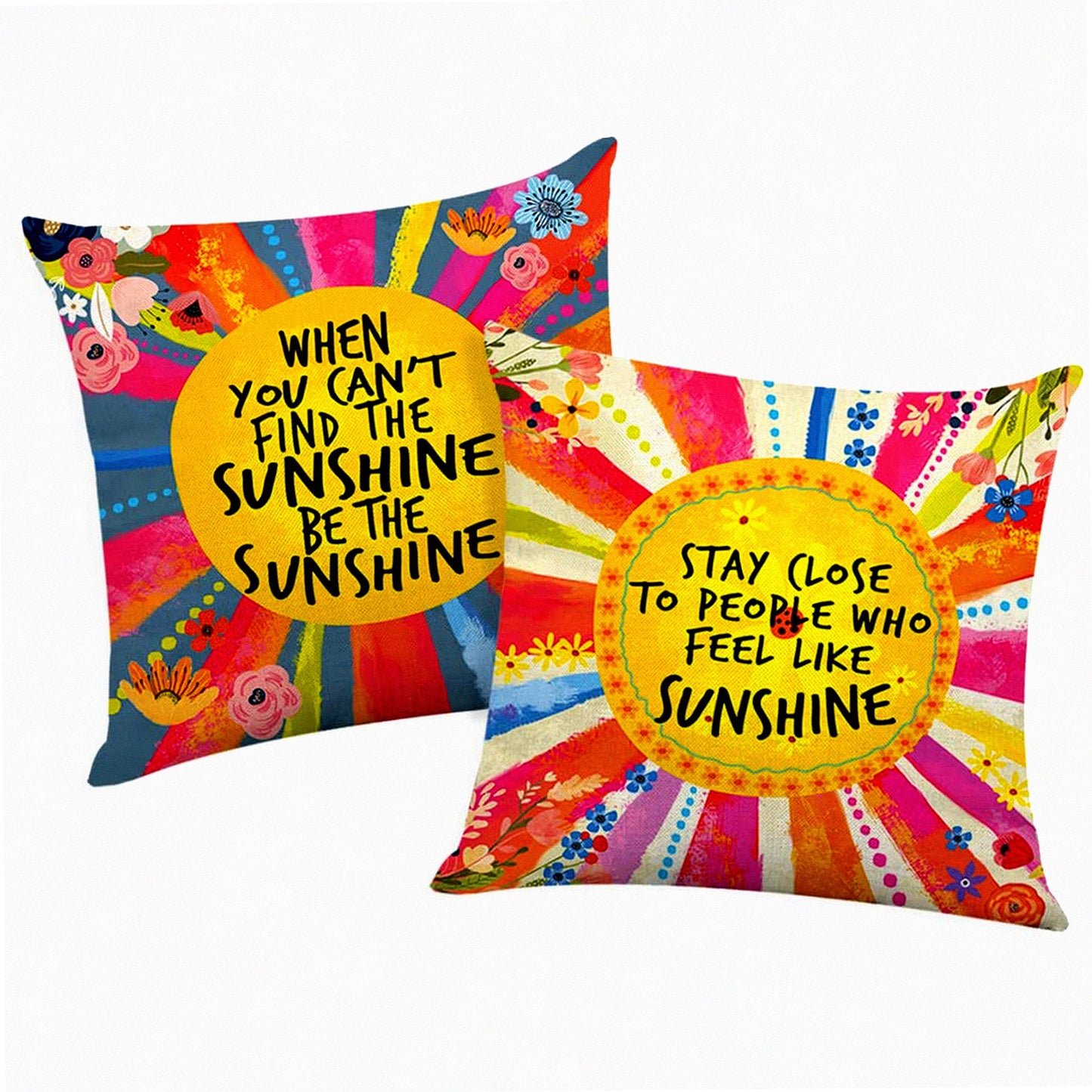 Sunshine Quotes Decorative Pillow Covers - Inspirational Gifts for Girls & Women - Colorful Cushion Cases for Sofa, Couch, Bed - Set of 2 - 18" x 18"