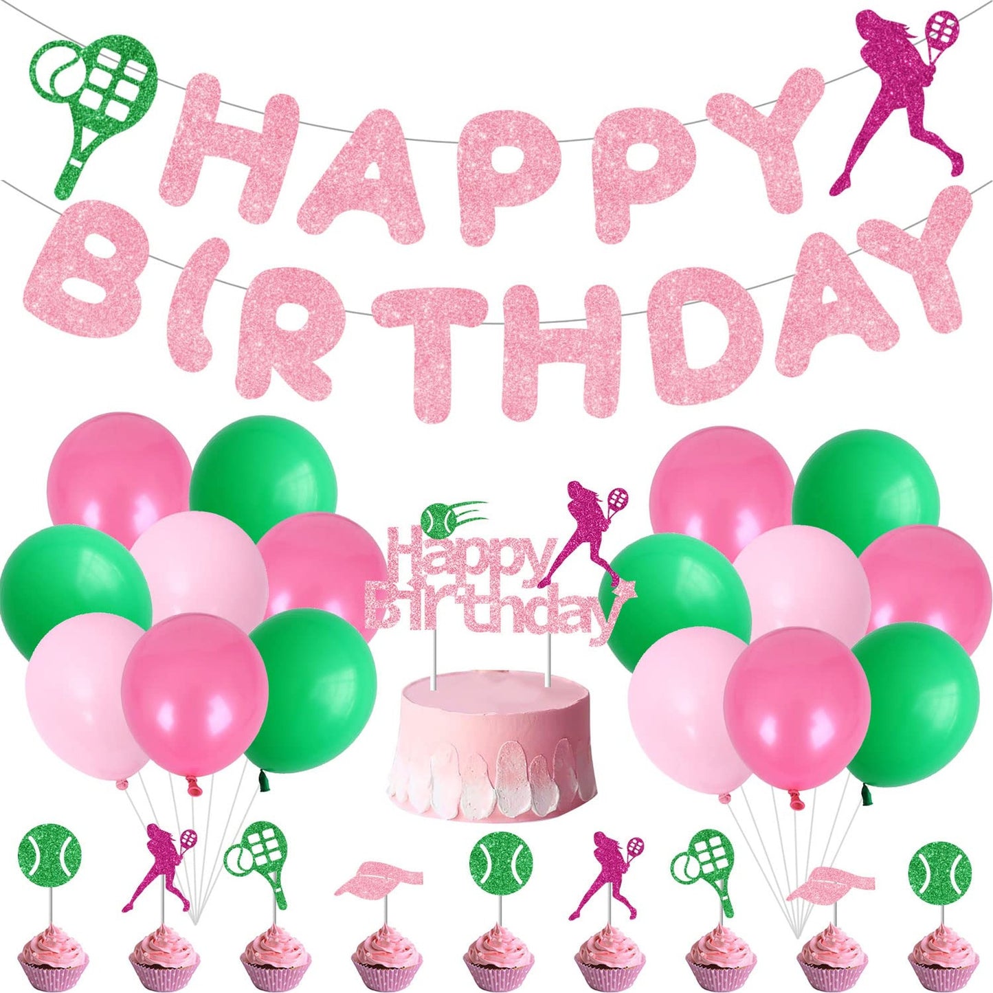 Pink Tennis Party Pack - 35pc Set for Girls & Women. Includes Happy Birthday Banner, Latex Balloons, Cake Topper & Decorations. Perfect for Tennis Birthday Celebrations!