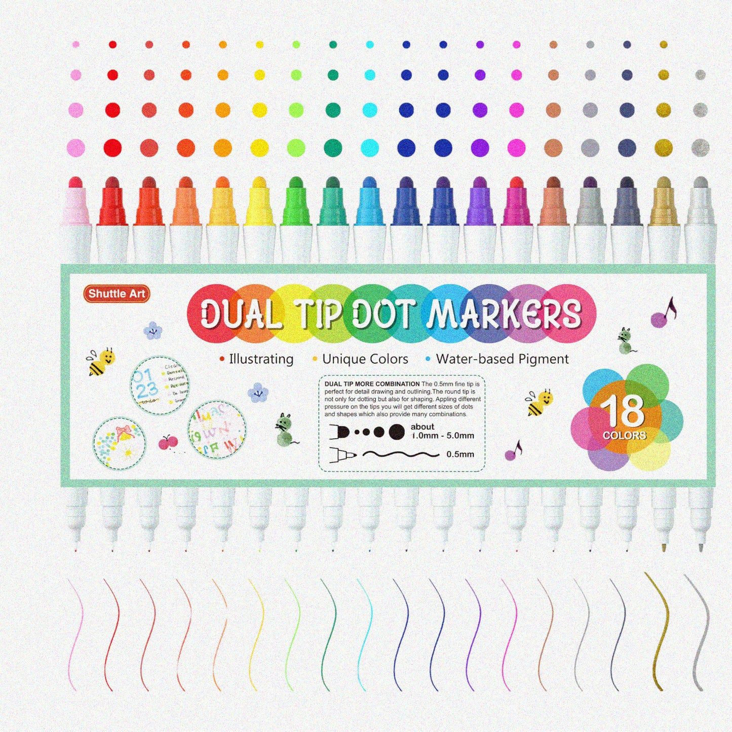 18 Colors Dual Tip Dot Marker Pens