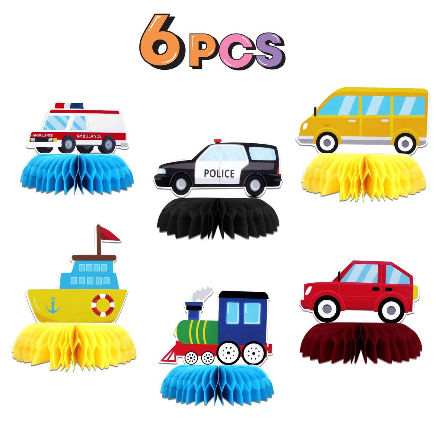 Honeycomb Transport Centerpieces - Ambulance Police Car School Bus Train Boat Decorations for Kid Birthday Party Supplies (6pcs)