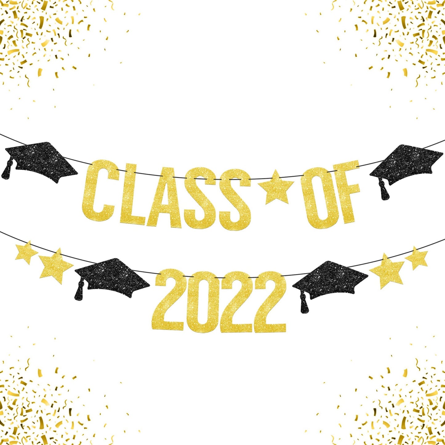 Glitter Grad 2022 Banner - Black & Gold Graduation Party Decorations with Grad Cap - 6.5 Feet Class of 2022 Banner for Graduation Decorations - No DIY