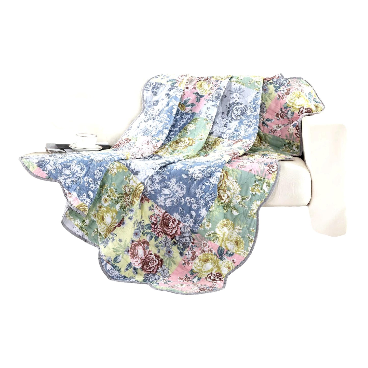 Emma's Cozy Patchwork Floral Quilted Throw - 60x50 Inch, Gray