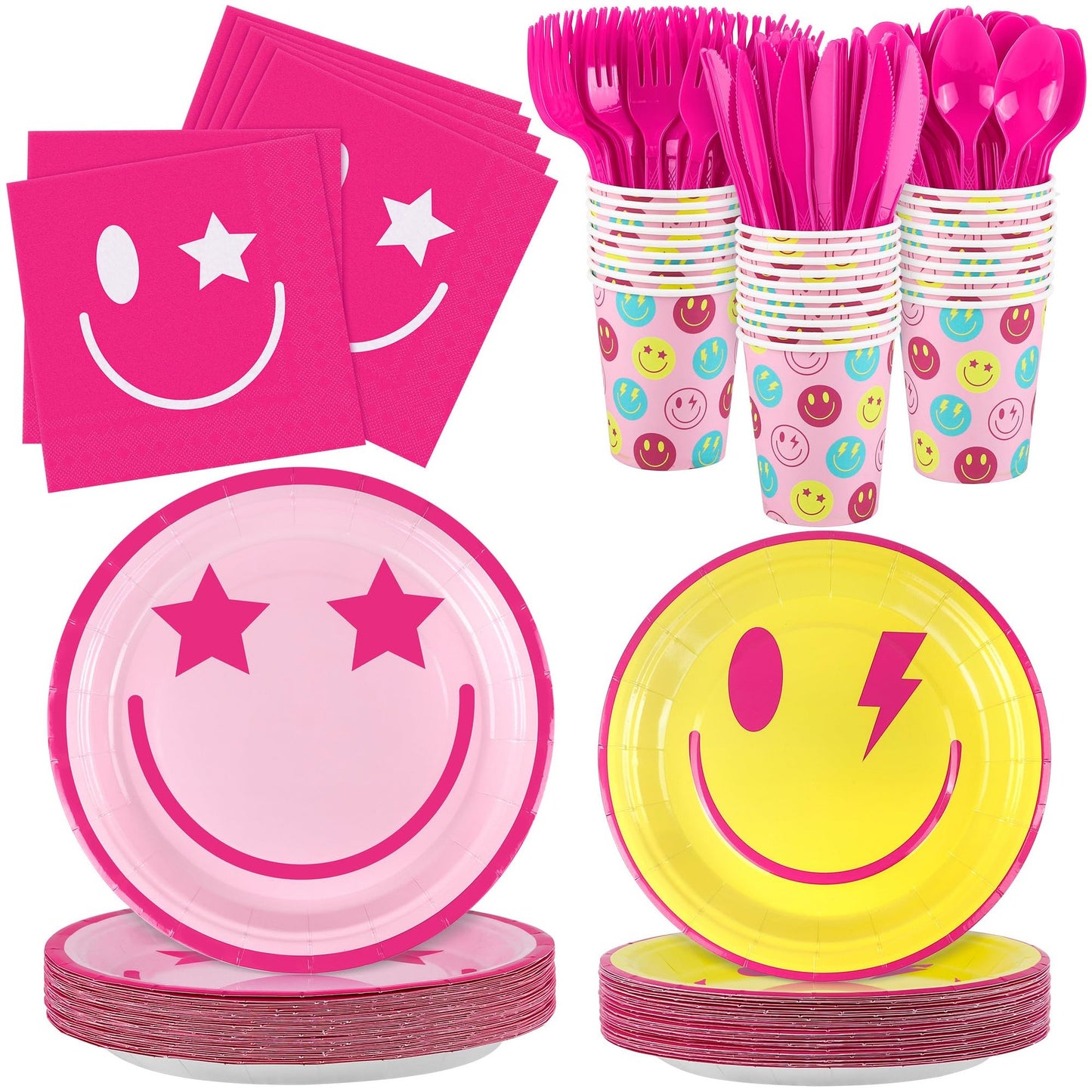 Smiley Party Pack: Preppy Tableware Set for 30 Guests - Plates, Napkins, Cups, Cutlery - Baby Shower & Birthday Party Supplies - 210 Pieces