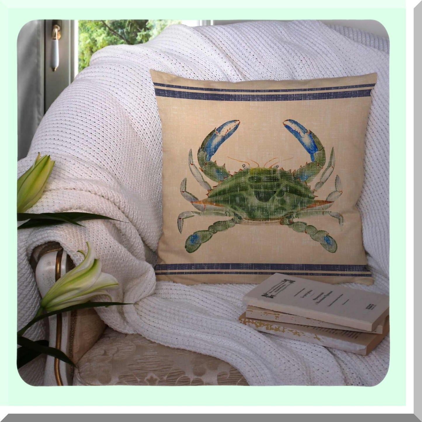 Rustic Crab Farmhouse Pillow Cover - Vintage Style Decorative Throw Pillow - 18x18 Inches - Coastal Home Decor - Cover Only