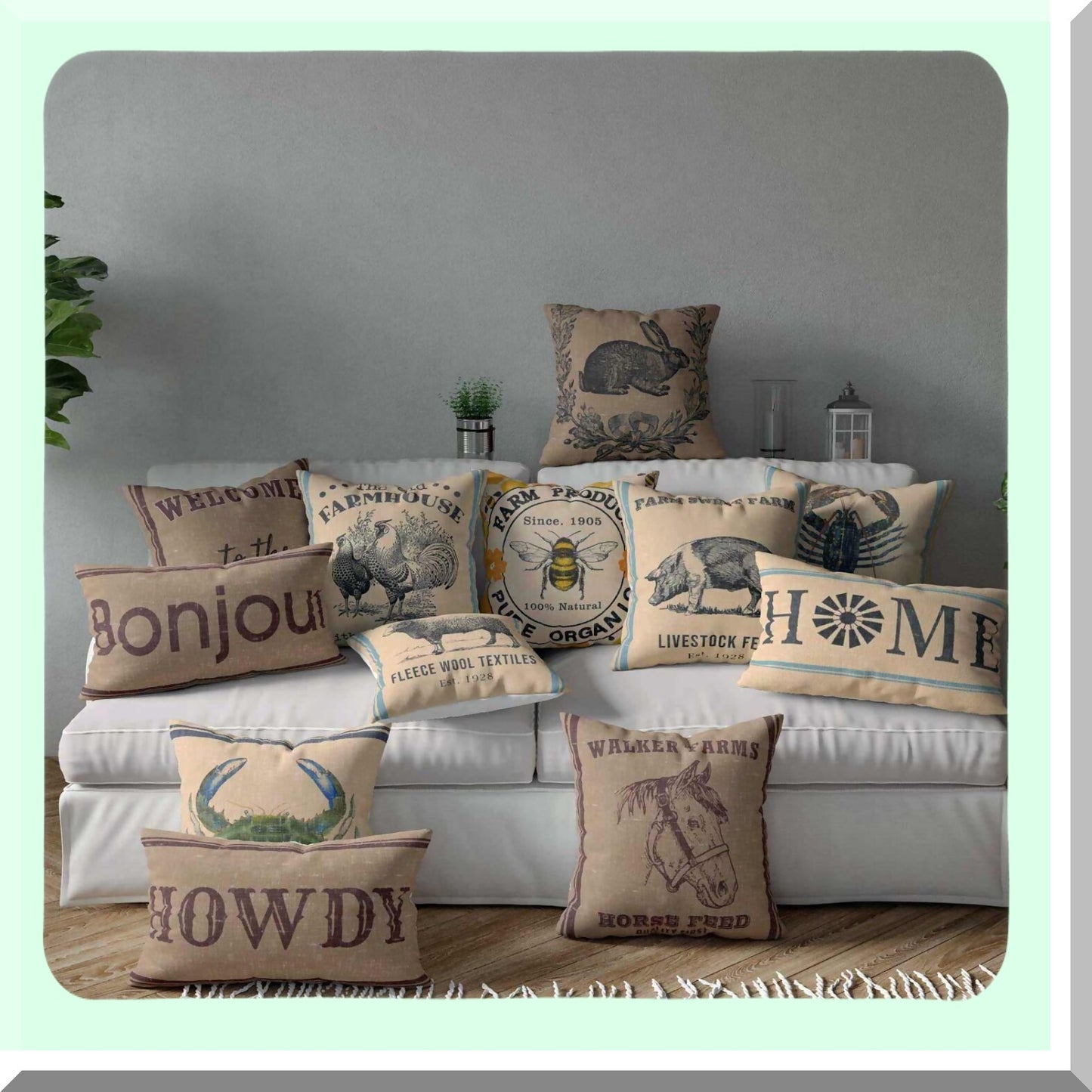 Rustic Crab Farmhouse Pillow Cover - Vintage Style Decorative Throw Pillow - 18x18 Inches - Coastal Home Decor - Cover Only