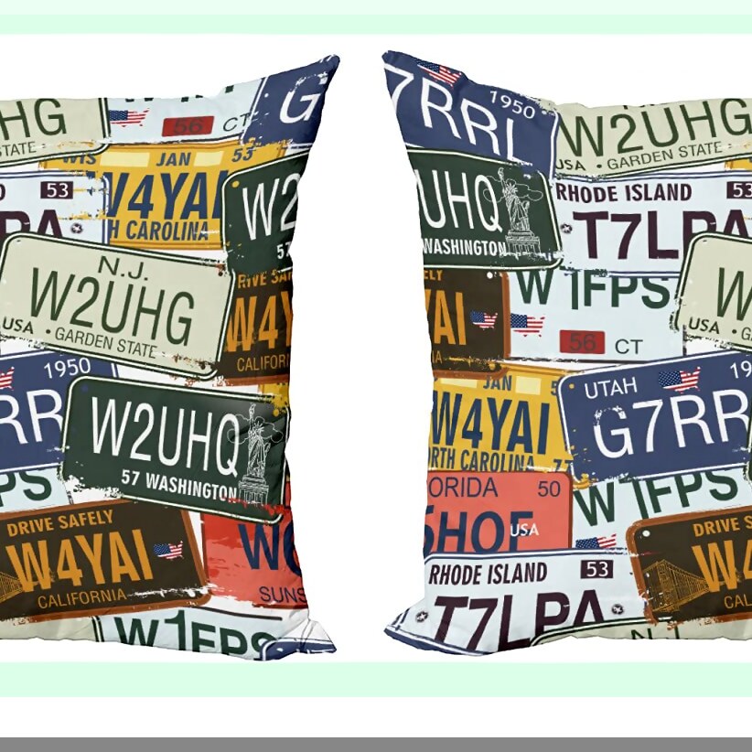 Retro License Plate Decorative Pillow Cover Set - Vintage Style Pack of 2 Cushion Cases for Couch, Bedroom, Living Room - Personalized Creative Travel Vacation Design - 24" Green Blue