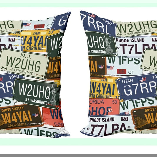 Retro License Plate Decorative Pillow Cover Set - Vintage Style Pack of 2 Cushion Cases for Couch, Bedroom, Living Room - Personalized Creative Travel Vacation Design - 24" Green Blue
