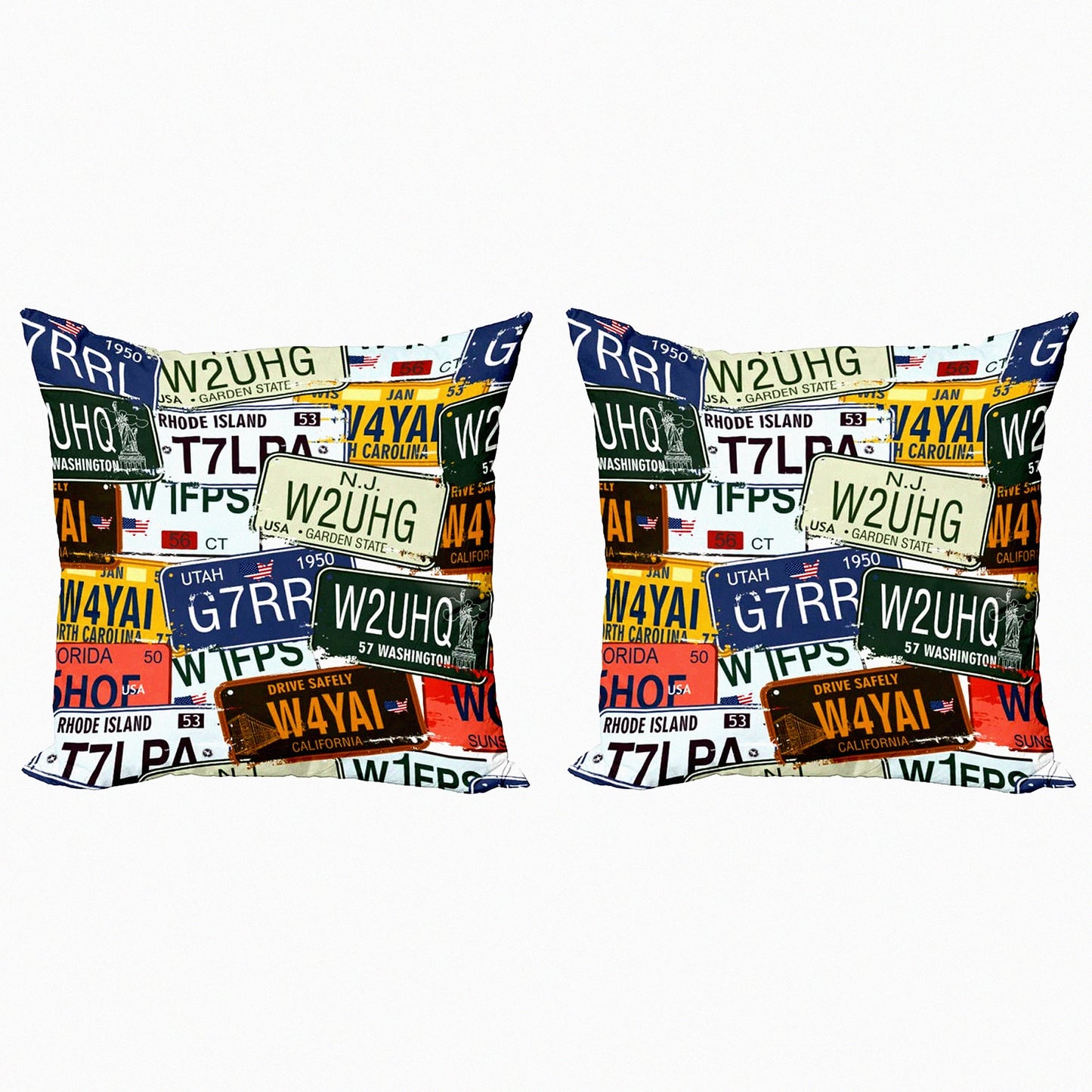 Retro License Plate Decorative Pillow Cover Set - Vintage Style Pack of 2 Cushion Cases for Couch, Bedroom, Living Room - Personalized Creative Travel Vacation Design - 24" Green Blue
