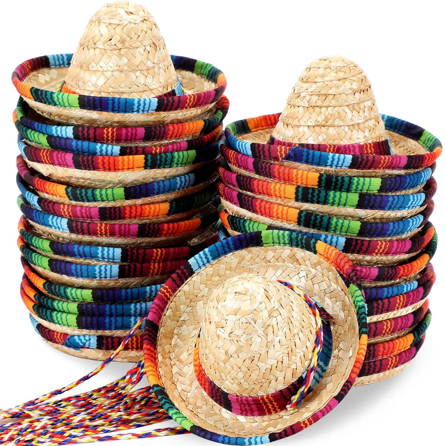Fiesta Mini Sombrero Pack - 25 Straw Hats for Cinco De Mayo Party Decorations. Kid and Pet Friendly 5.9 Inch Hats with Cord for Fun Celebrations!