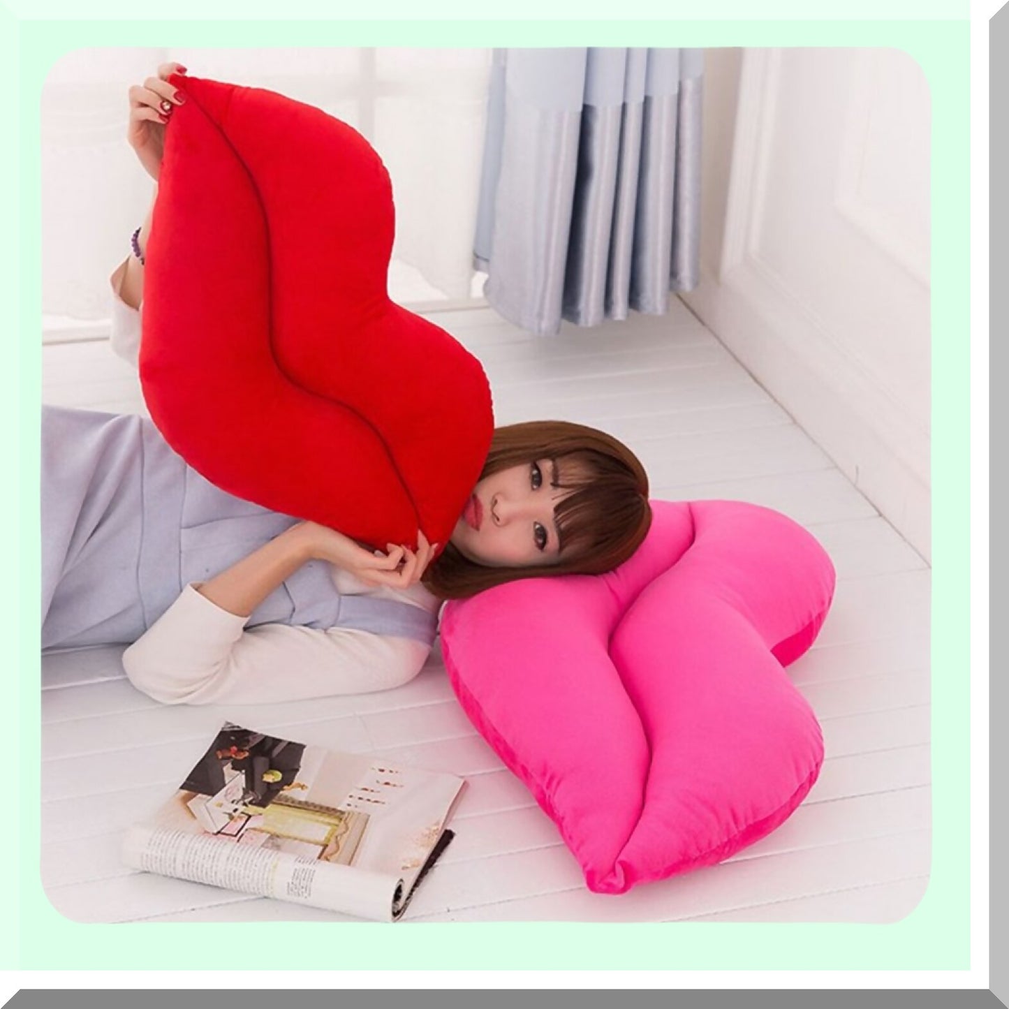 Pink Lip Plush Pillow - Girls Day Gift - Soft Velvet Decorative Cushion - Reversible Throw Pillow for Bed, Couch, Office - 23.6 x 13.6 Inch