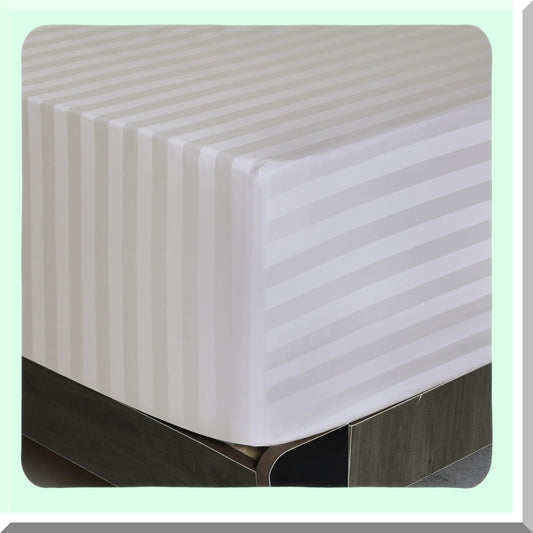 Luxury Cotton Stripe Fitted Sheet - Light Beige Twin Size - 600 Thread Count - Deep Pocket Mattress Sheet - Premium Quality Bottom Sheet - 100% Cotton