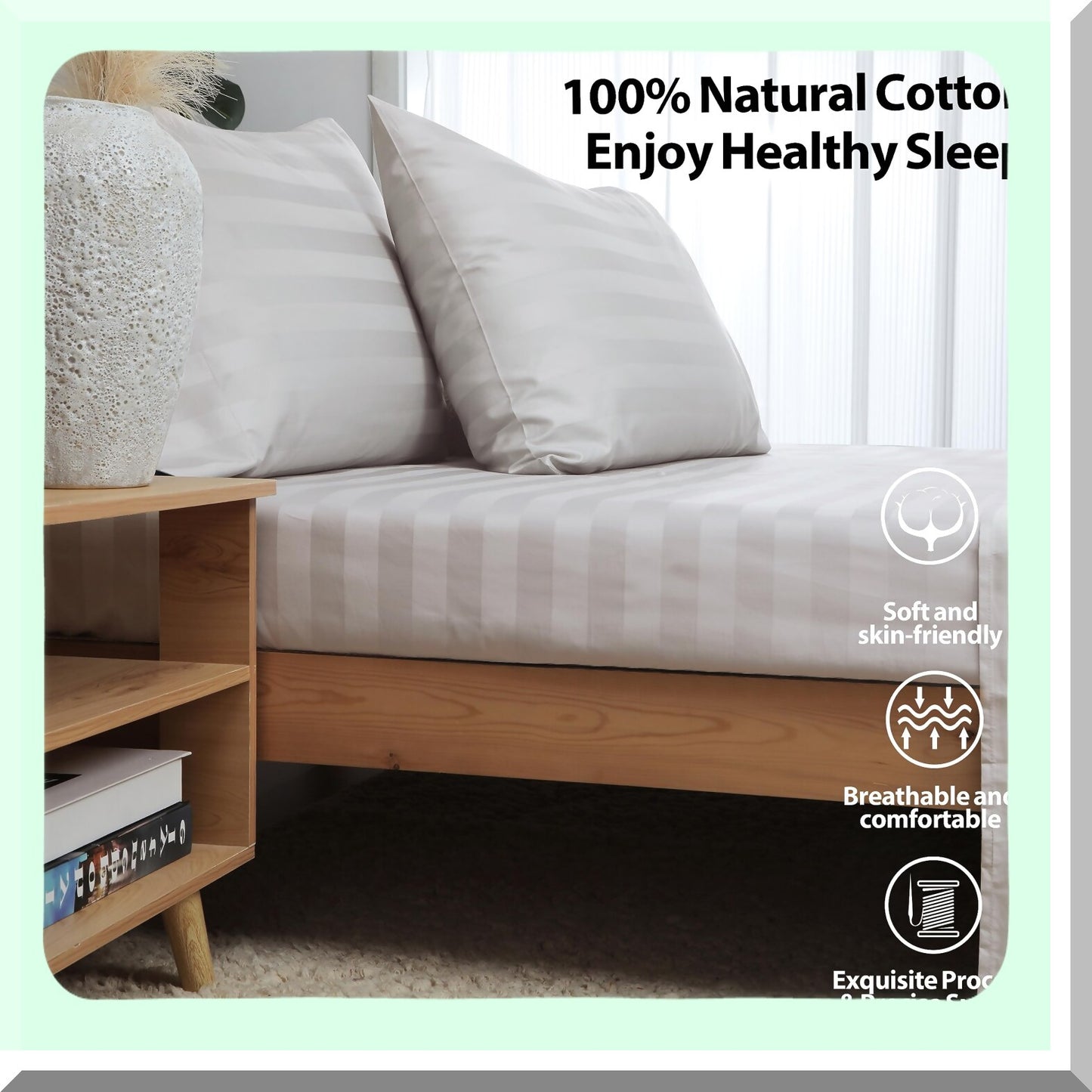 Luxury Cotton Stripe Fitted Sheet - Light Beige Twin Size - 600 Thread Count - Deep Pocket Mattress Sheet - Premium Quality Bottom Sheet - 100% Cotton