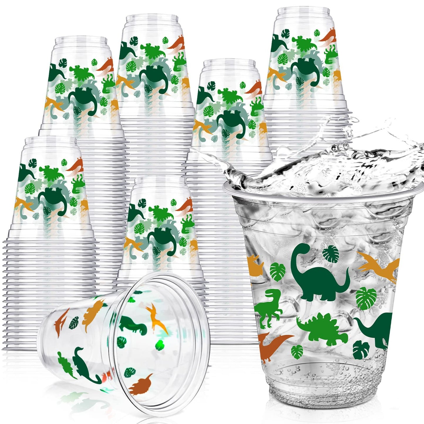 DinoTumbler Cups - 50 Pack 12 oz Disposable Plastic Party Cups for Kids Birthday Decorations, Green - Fun Dinosaur Theme Supplies