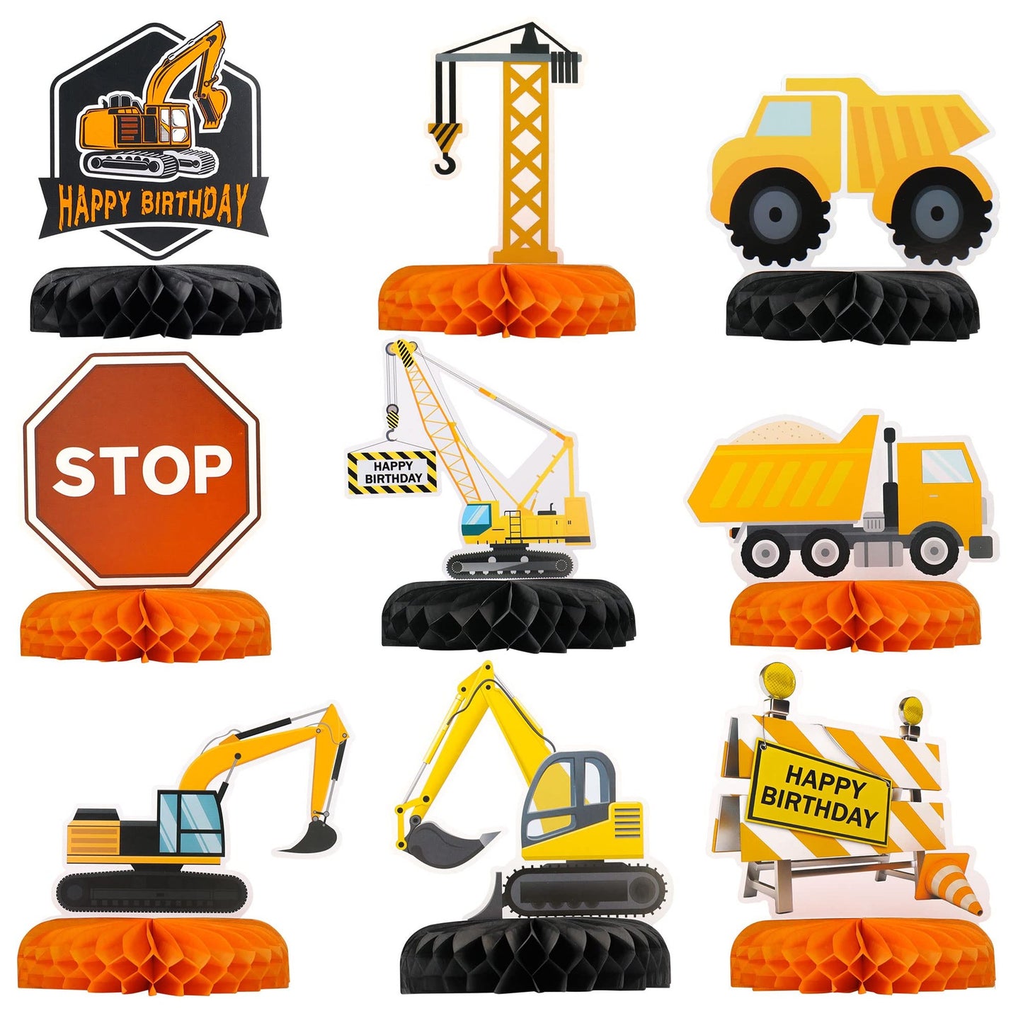 Construction Party Honeycomb Centerpieces - Set of 9 Truck & Car Table Decorations. Perfect for Birthday Parties & Events!