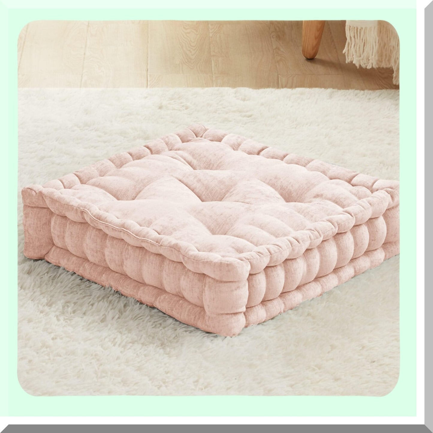 Meditation Square Tufted Chenille Cushion - Large Pink Blush Floor Pillow for Adults, Living Room Seating, Reading Nook - 20x20 Square