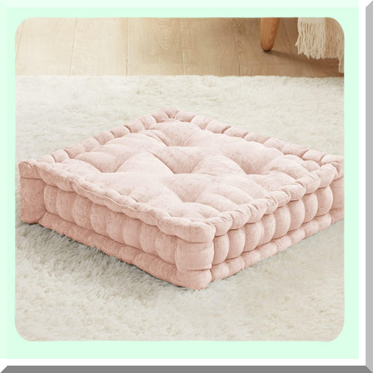 Meditation Square Tufted Chenille Cushion - Large Pink Blush Floor Pillow for Adults, Living Room Seating, Reading Nook - 20x20 Square