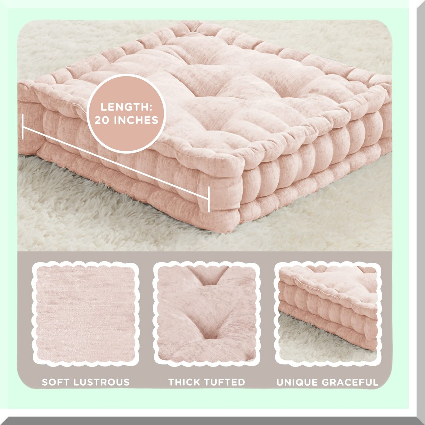 Meditation Square Tufted Chenille Cushion - Large Pink Blush Floor Pillow for Adults, Living Room Seating, Reading Nook - 20x20 Square