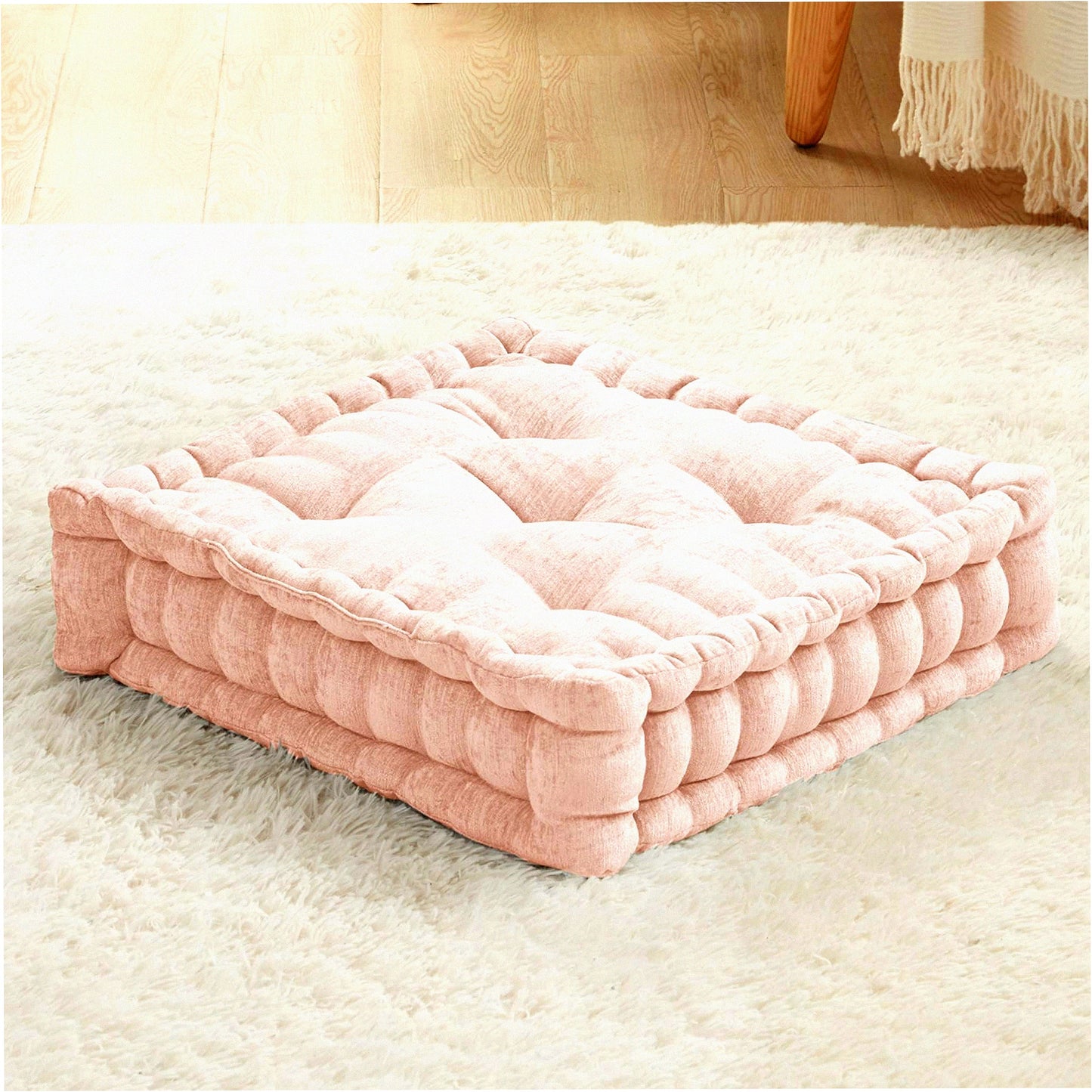 Meditation Square Tufted Chenille Cushion - Large Pink Blush Floor Pillow for Adults, Living Room Seating, Reading Nook - 20x20 Square