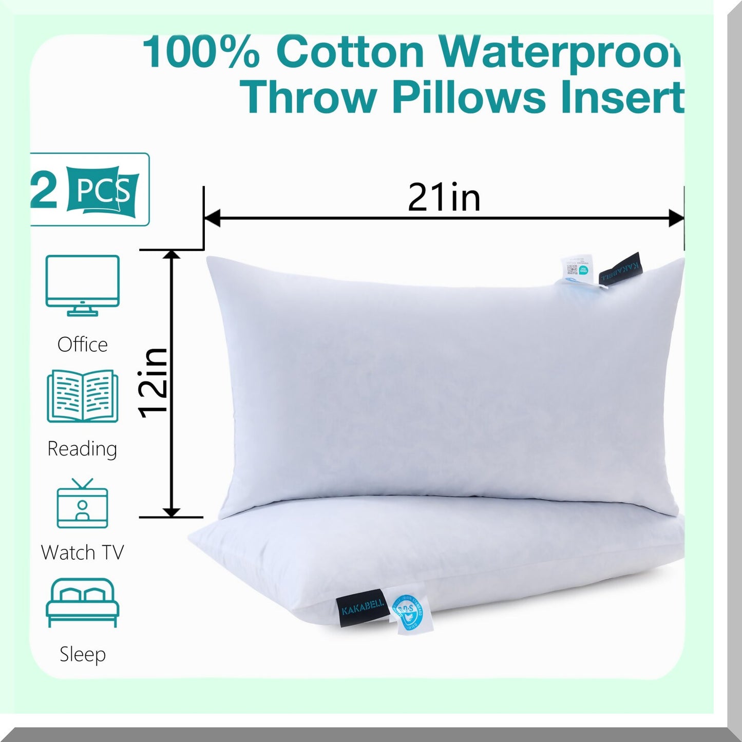 Waterproof Down Filled Throw Pillow Inserts - Set of 2, 12X21 Decorative Cushions for Couch-Bed, Outdoor Sofa Pillows with Cotton Shell