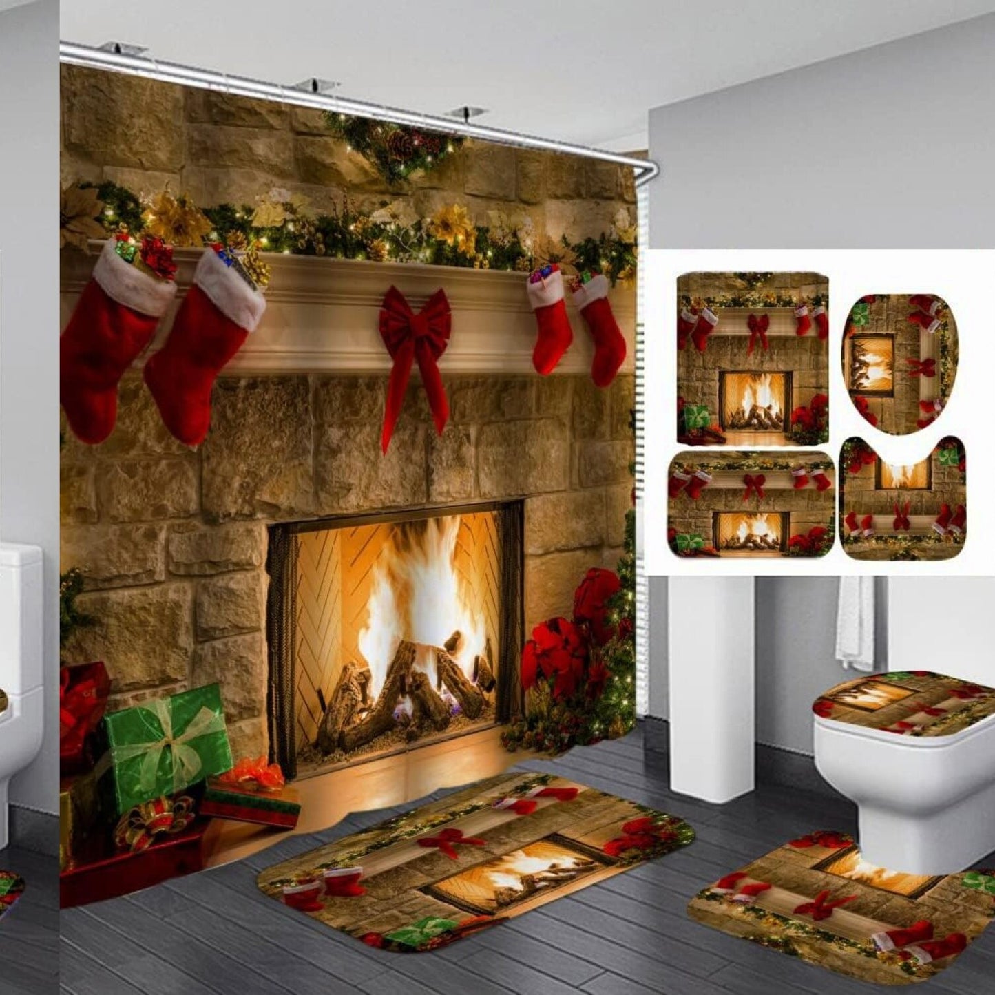 Merry Fabric Waterproof Shower Curtain Set with Rugs