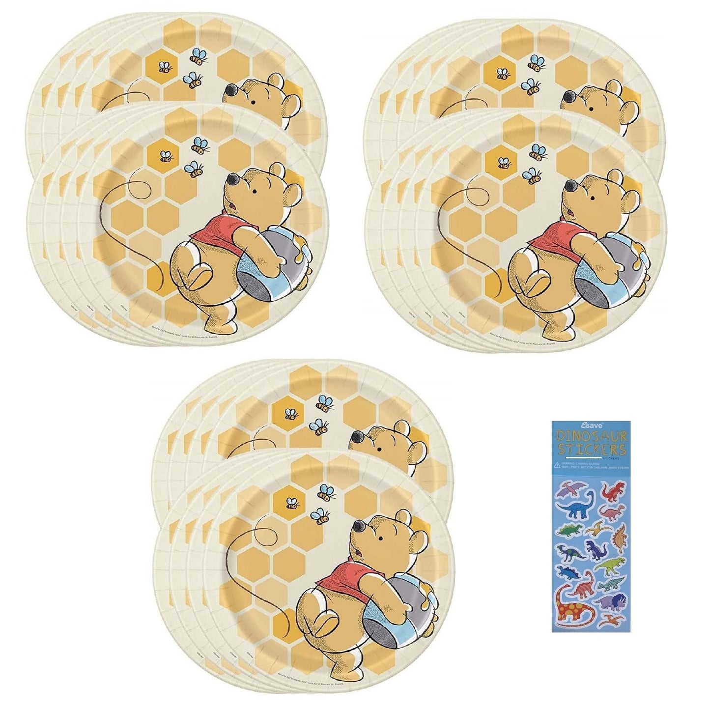 Pooh Party Pack: 24 Lunch Plates & Dino Sticker Sheet - Winnie the Pooh Birthday Baby Shower Supplies Bundle for a fun and festive celebration!