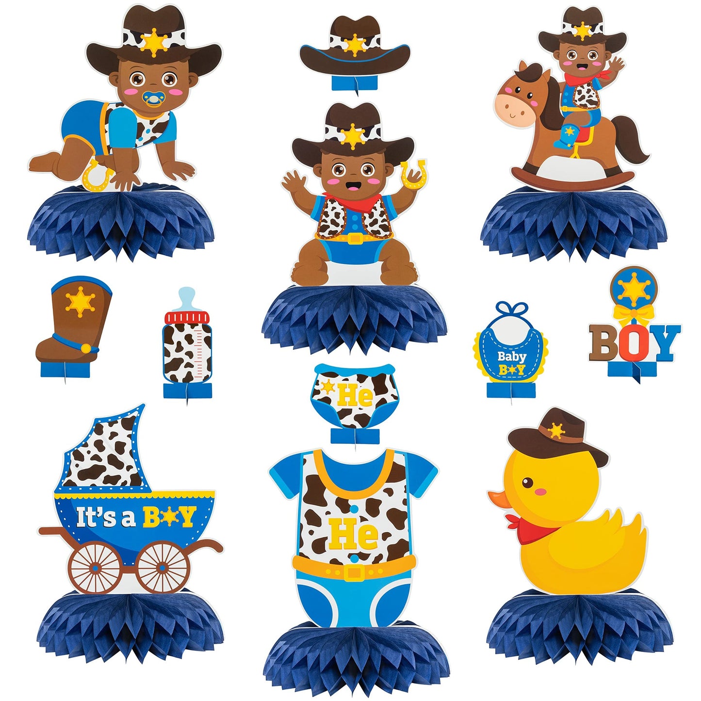 Wild West Cowboy Rodeo Table Toppers - 12Pcs Honeycomb Centerpieces for Boys Birthday Party Decoration & Baby Shower Gender Reveal