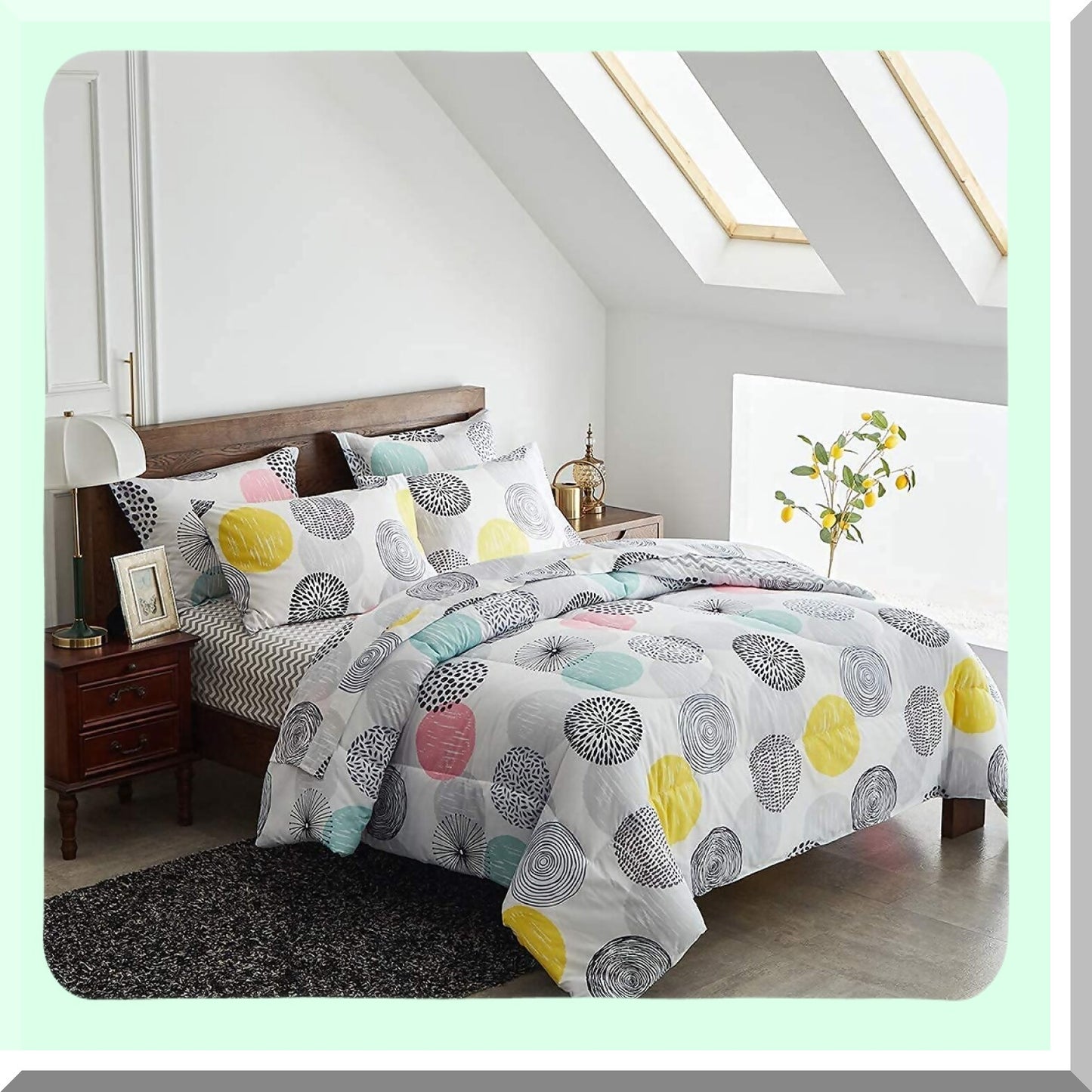 Colorful Dots Cozy Comfort Queen Bed Set - Soft Microfiber Winter Bedding Bundle with Comforter, Shams, Sheets, Pillowcases - 7 Piece Set