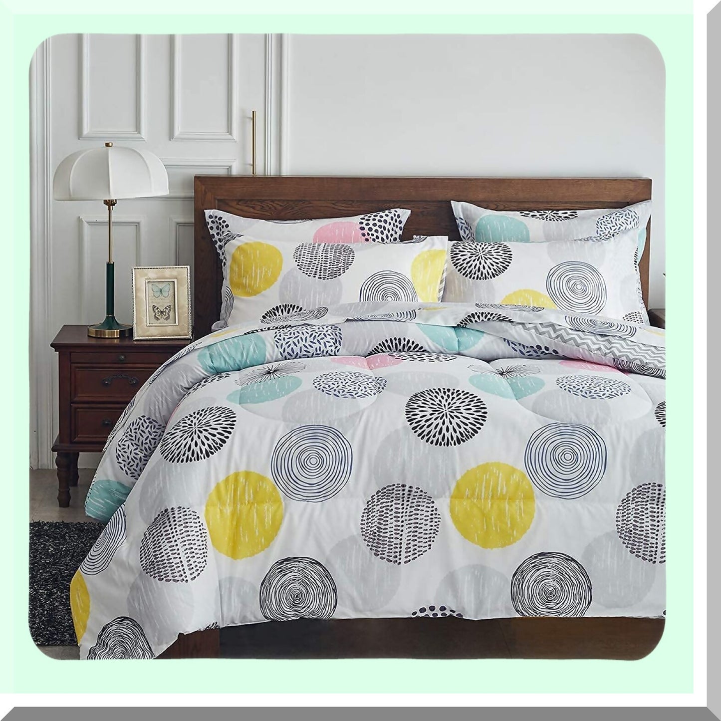 Colorful Dots Cozy Comfort Queen Bed Set - Soft Microfiber Winter Bedding Bundle with Comforter, Shams, Sheets, Pillowcases - 7 Piece Set