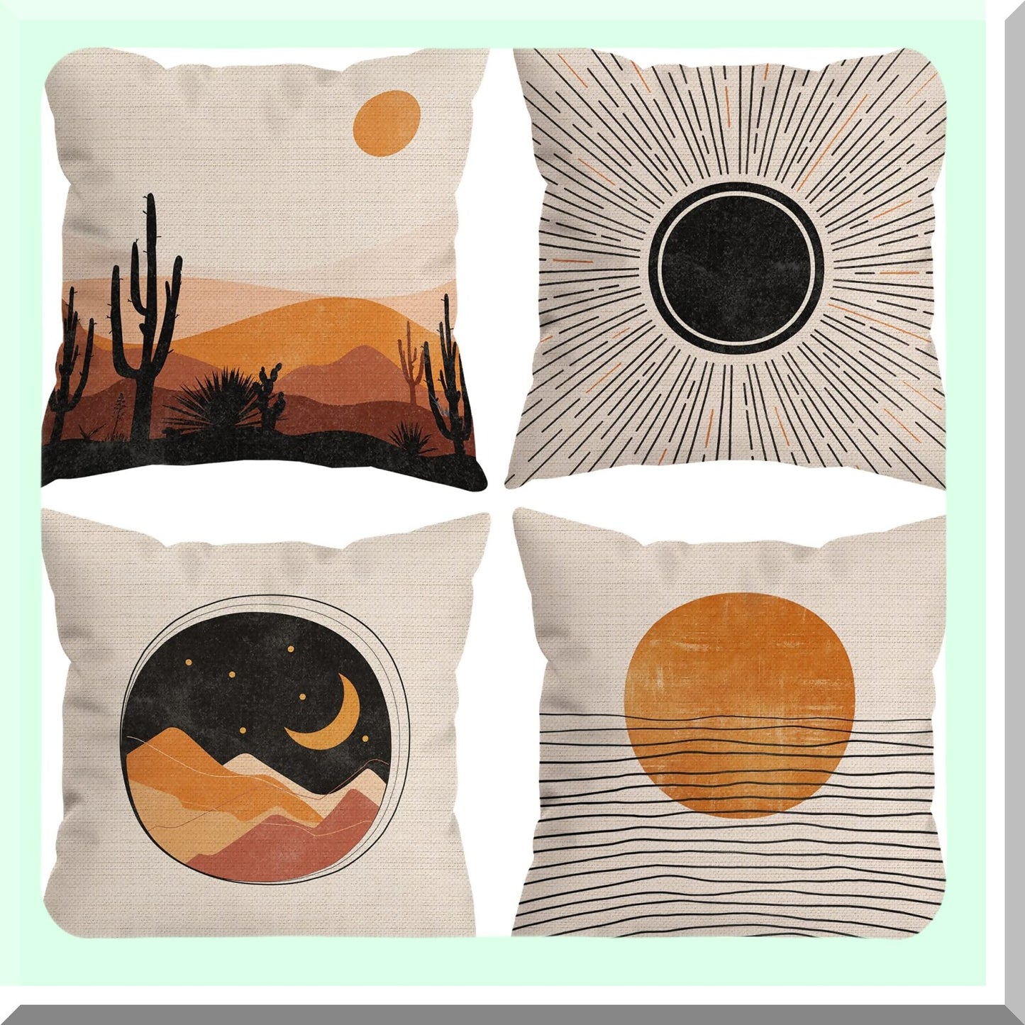 Sunset Mountain Line Art Pillow Covers - Set of 4, Boho Nature Gifts for Women - Abstract Sun Moon Sea Sunrise Landscape Decor for Home Bed Sofa - 18 x 18 Inch Cases
