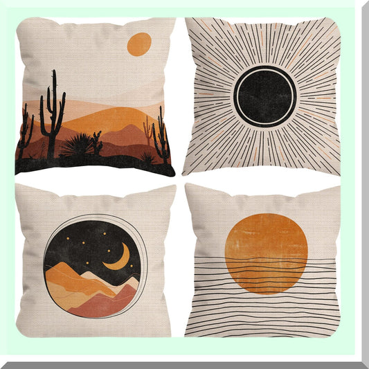 Sunset Mountain Line Art Pillow Covers - Set of 4, Boho Nature Gifts for Women - Abstract Sun Moon Sea Sunrise Landscape Decor for Home Bed Sofa - 18 x 18 Inch Cases