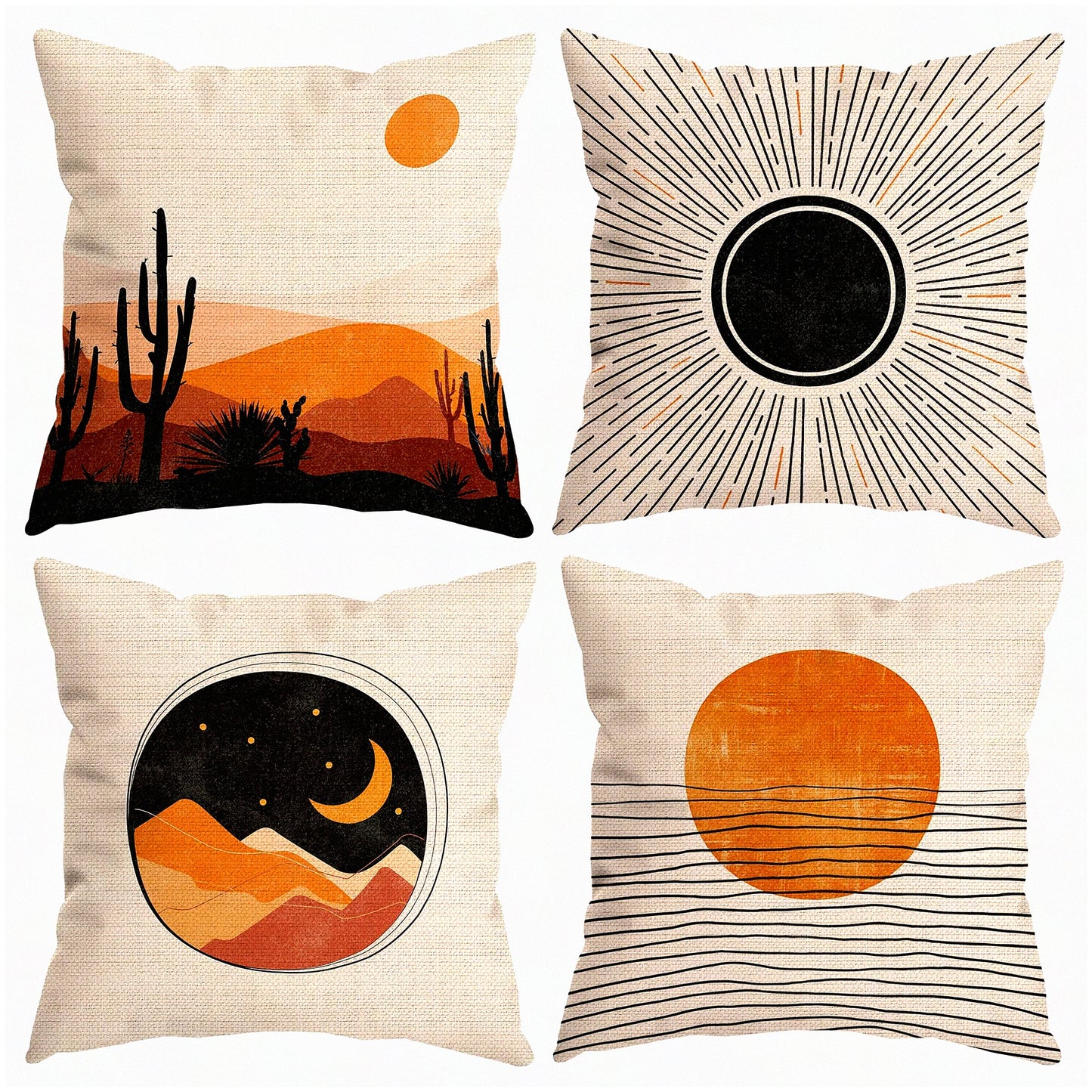 Sunset Mountain Line Art Pillow Covers - Set of 4, Boho Nature Gifts for Women - Abstract Sun Moon Sea Sunrise Landscape Decor for Home Bed Sofa - 18 x 18 Inch Cases