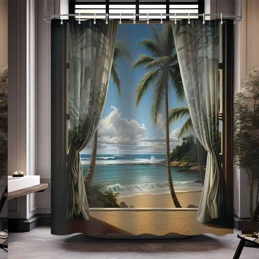 Tropical Beach Shower Curtain Blue Sky White Clouds 72x72 inches