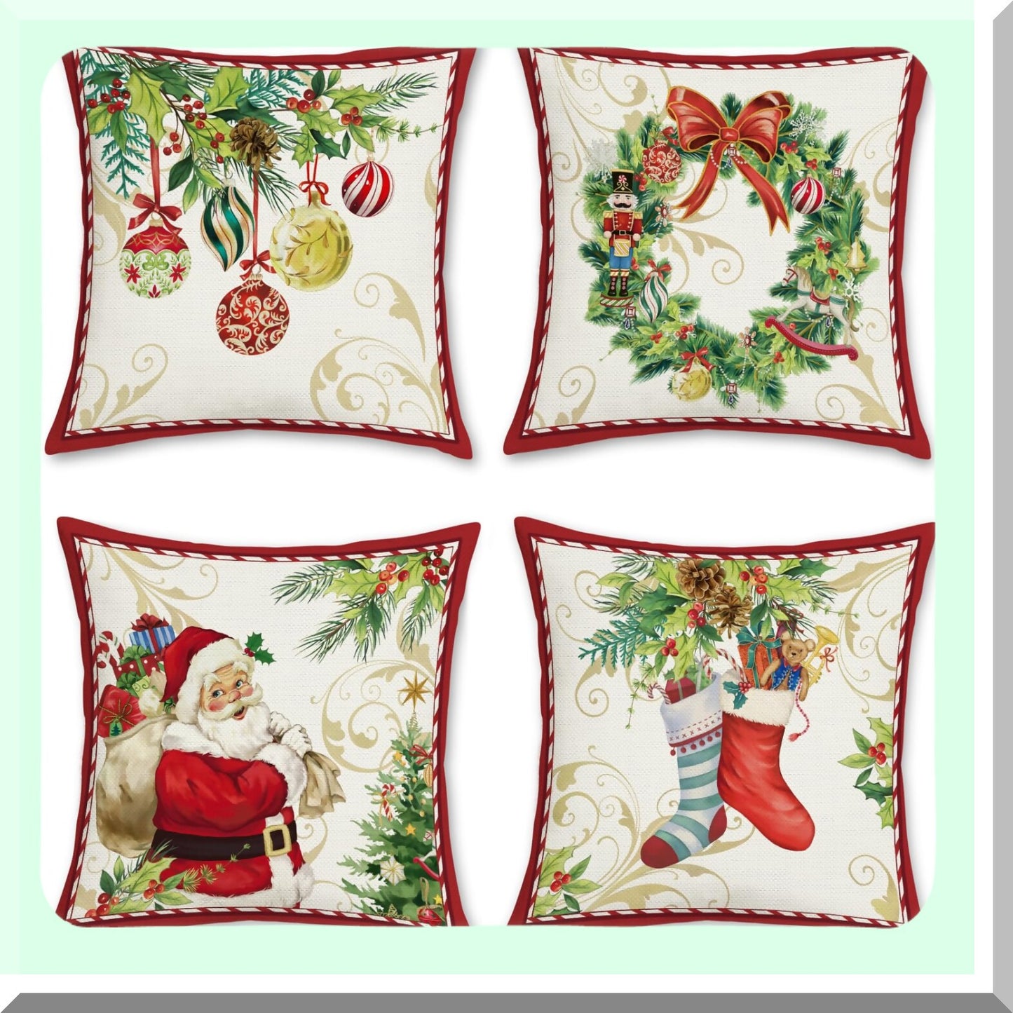 Winter Wonderland Holiday Pillow Covers - Set of 4 Festive Christmas Decorative Cushion Cases 18x18 Inch for Couch, Sofa, Bed - Claus, Merry Wreath, Bells, Socks Theme