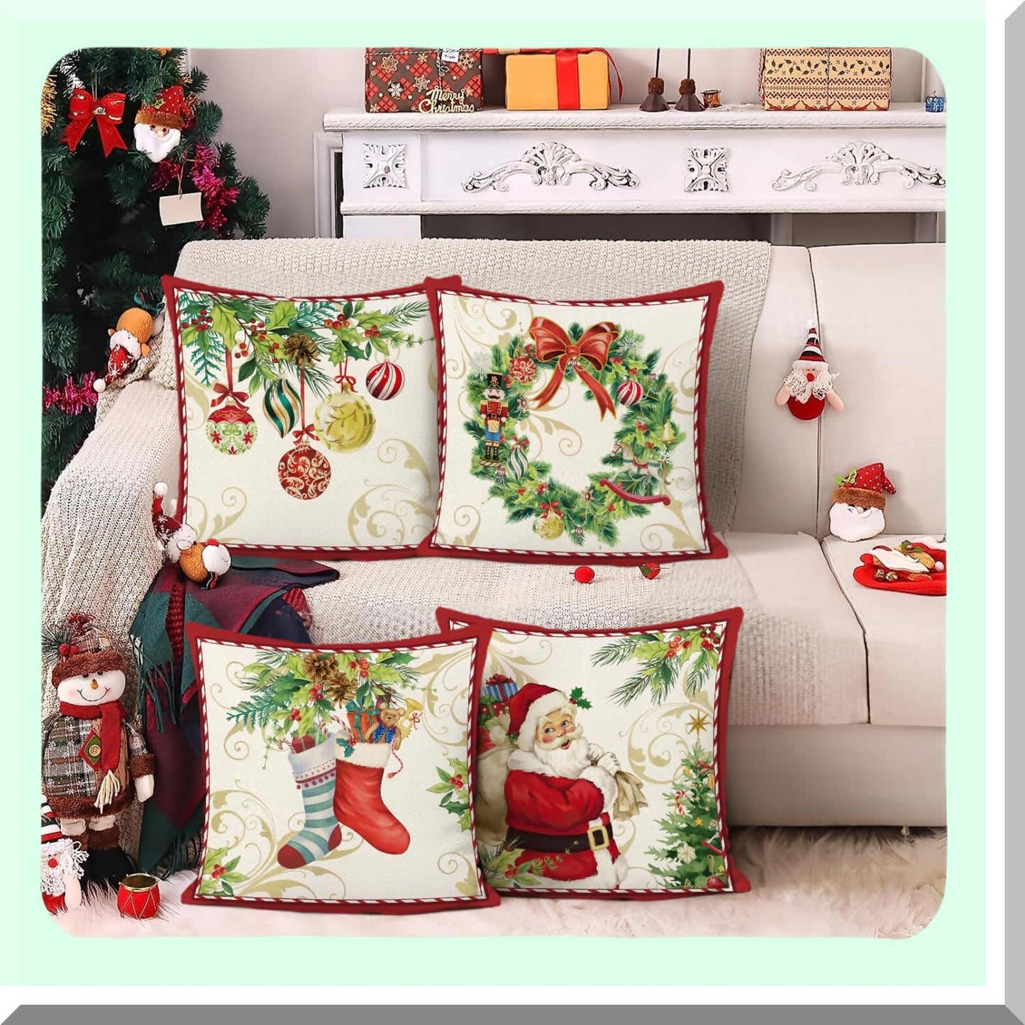 Winter Wonderland Holiday Pillow Covers - Set of 4 Festive Christmas Decorative Cushion Cases 18x18 Inch for Couch, Sofa, Bed - Claus, Merry Wreath, Bells, Socks Theme