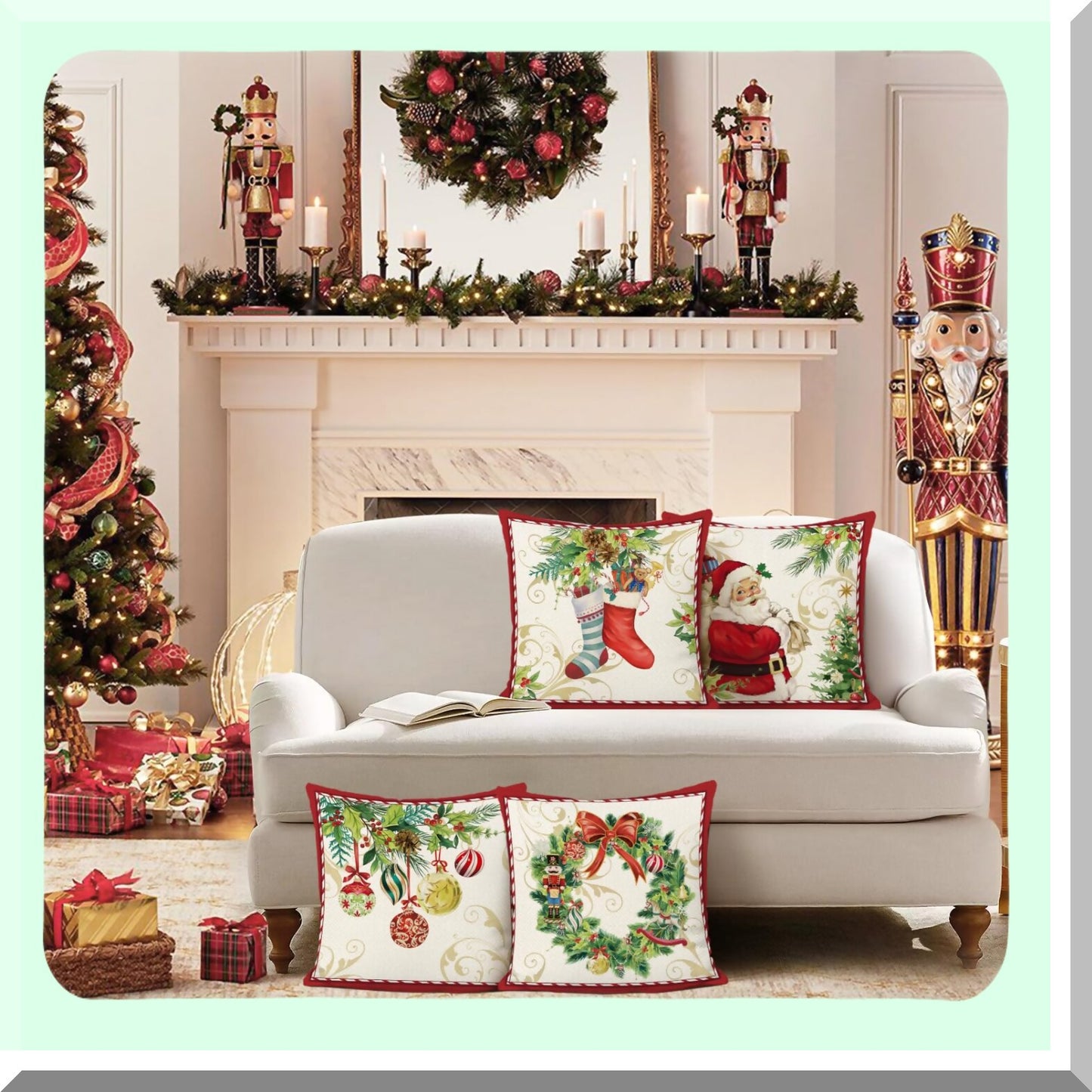 Winter Wonderland Holiday Pillow Covers - Set of 4 Festive Christmas Decorative Cushion Cases 18x18 Inch for Couch, Sofa, Bed - Claus, Merry Wreath, Bells, Socks Theme