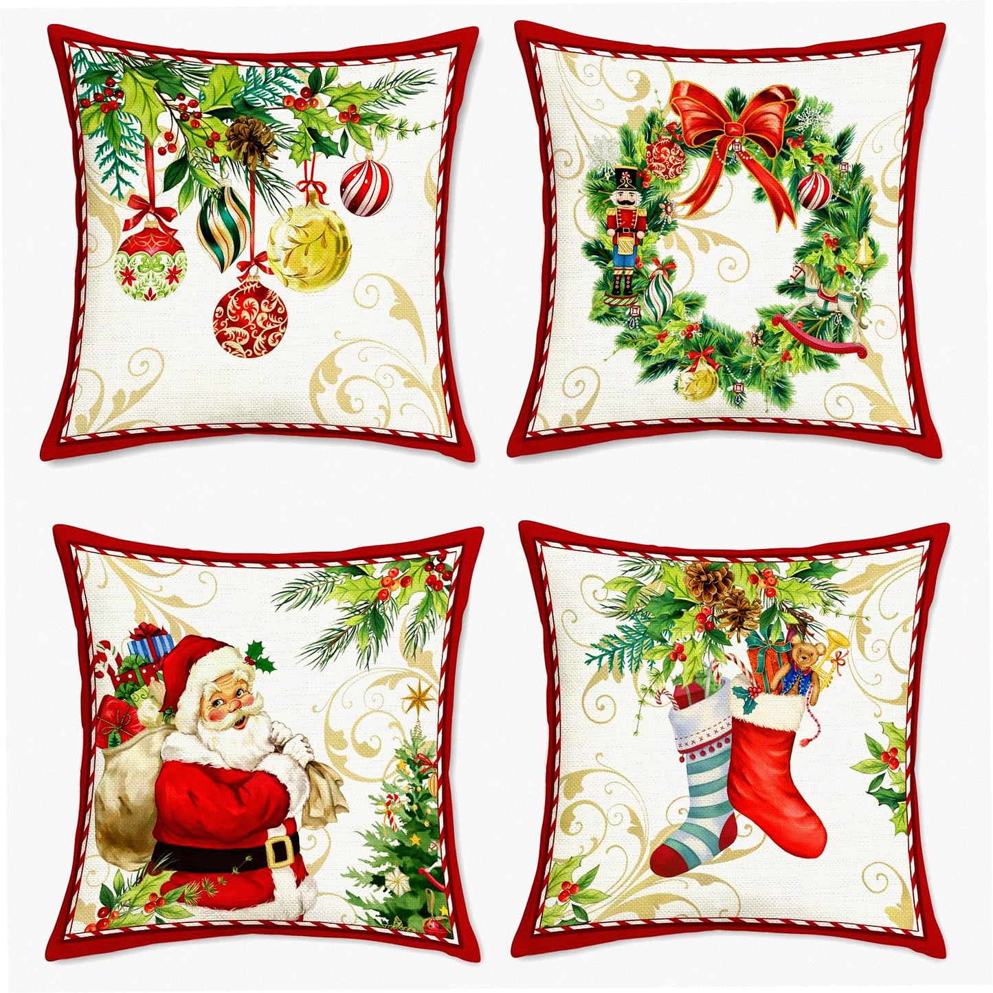 Winter Wonderland Holiday Pillow Covers - Set of 4 Festive Christmas Decorative Cushion Cases 18x18 Inch for Couch, Sofa, Bed - Claus, Merry Wreath, Bells, Socks Theme