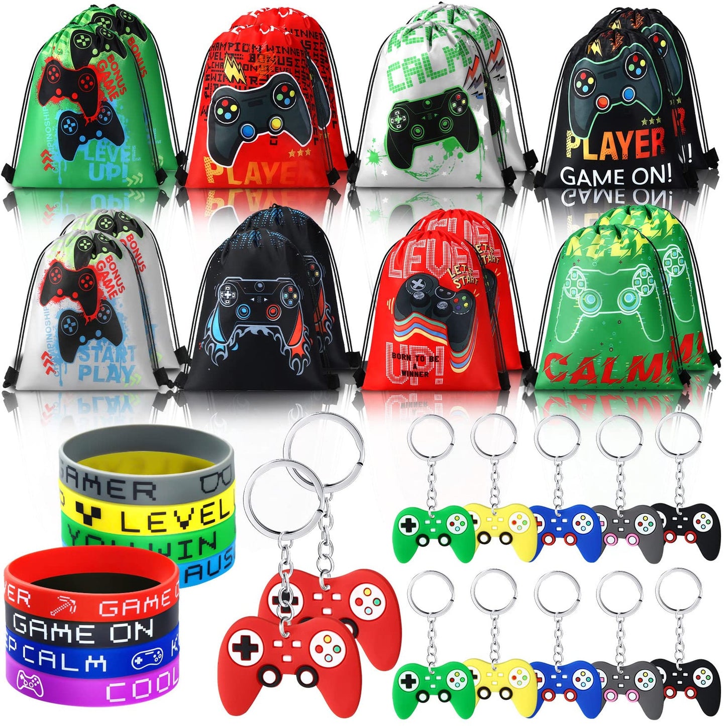 Party Pack Fun Bundle: Video Game Drawstring Bags, Farm Goodie Bag, Blocks Wristband, Tie Dye Bracelet, Construction Mermaid Keychain - 48 Pcs Birthday Party Favors