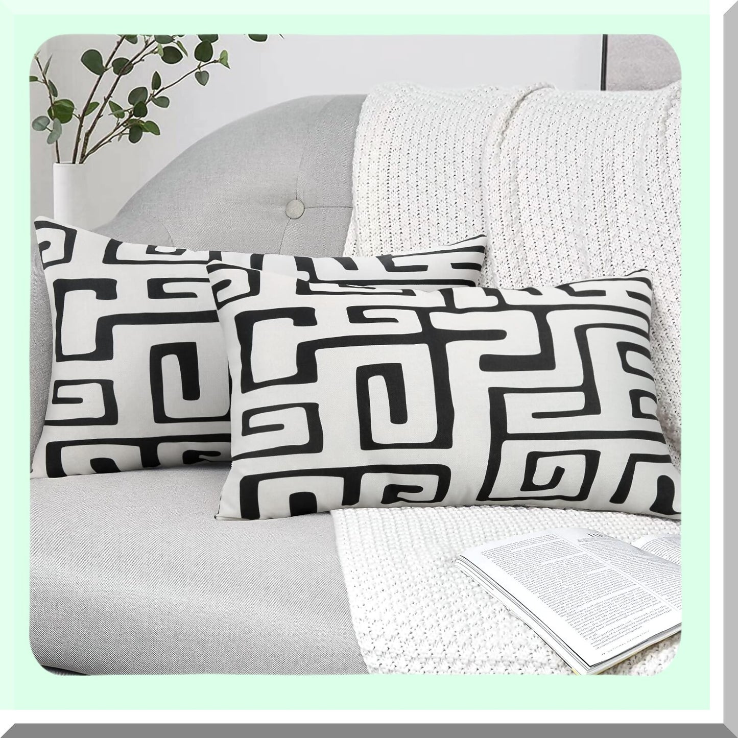 Geometric Monochrome Pillowcase Set - Black White Square Cushion Cover for Couch Sofa Bed - Decorative Throw Pillow Case 12x20 Inch - Living Room Bedroom Décor