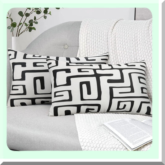Geometric Monochrome Pillowcase Set - Black White Square Cushion Cover for Couch Sofa Bed - Decorative Throw Pillow Case 12x20 Inch - Living Room Bedroom Décor