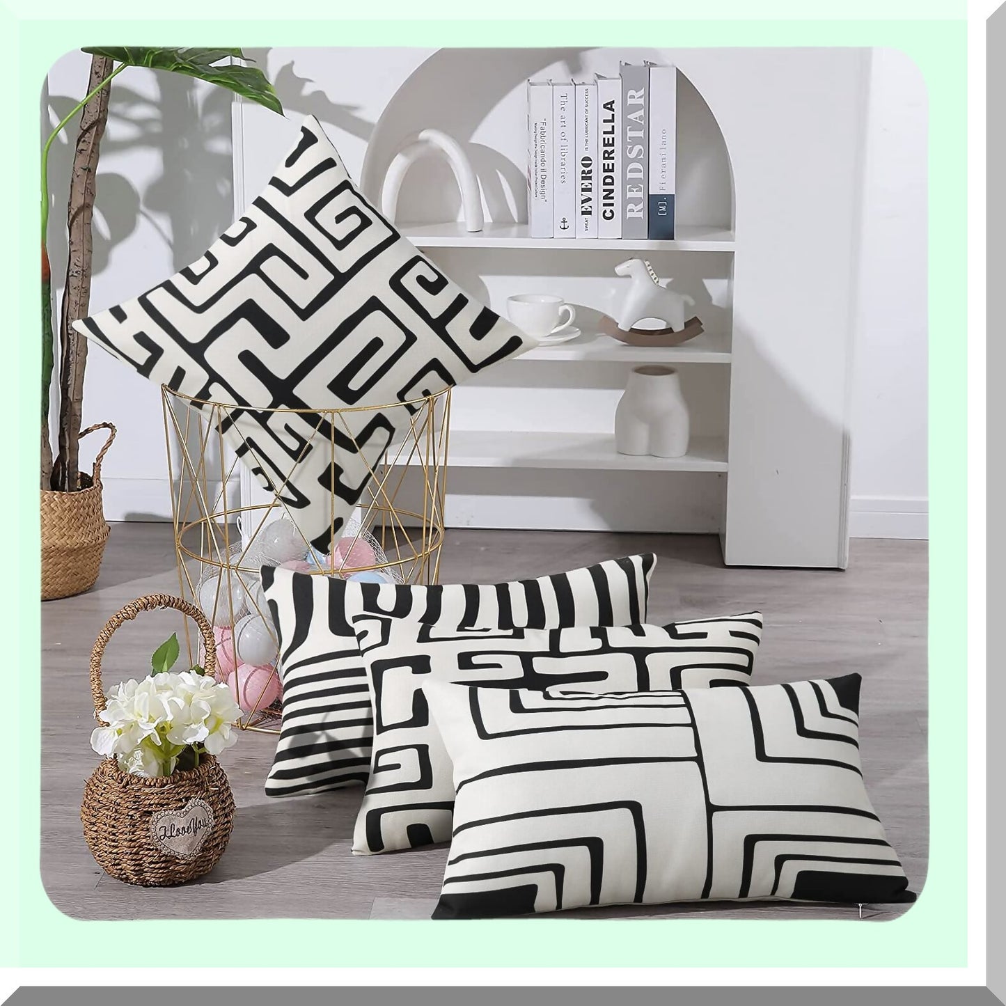 Geometric Monochrome Pillowcase Set - Black White Square Cushion Cover for Couch Sofa Bed - Decorative Throw Pillow Case 12x20 Inch - Living Room Bedroom Décor