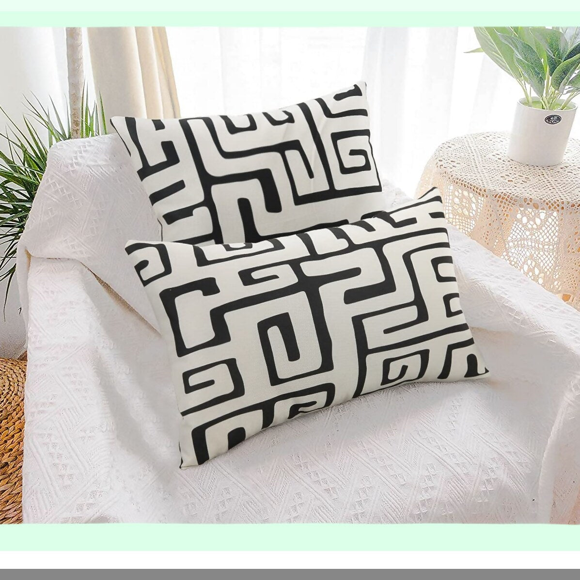 Geometric Monochrome Pillowcase Set - Black White Square Cushion Cover for Couch Sofa Bed - Decorative Throw Pillow Case 12x20 Inch - Living Room Bedroom Décor
