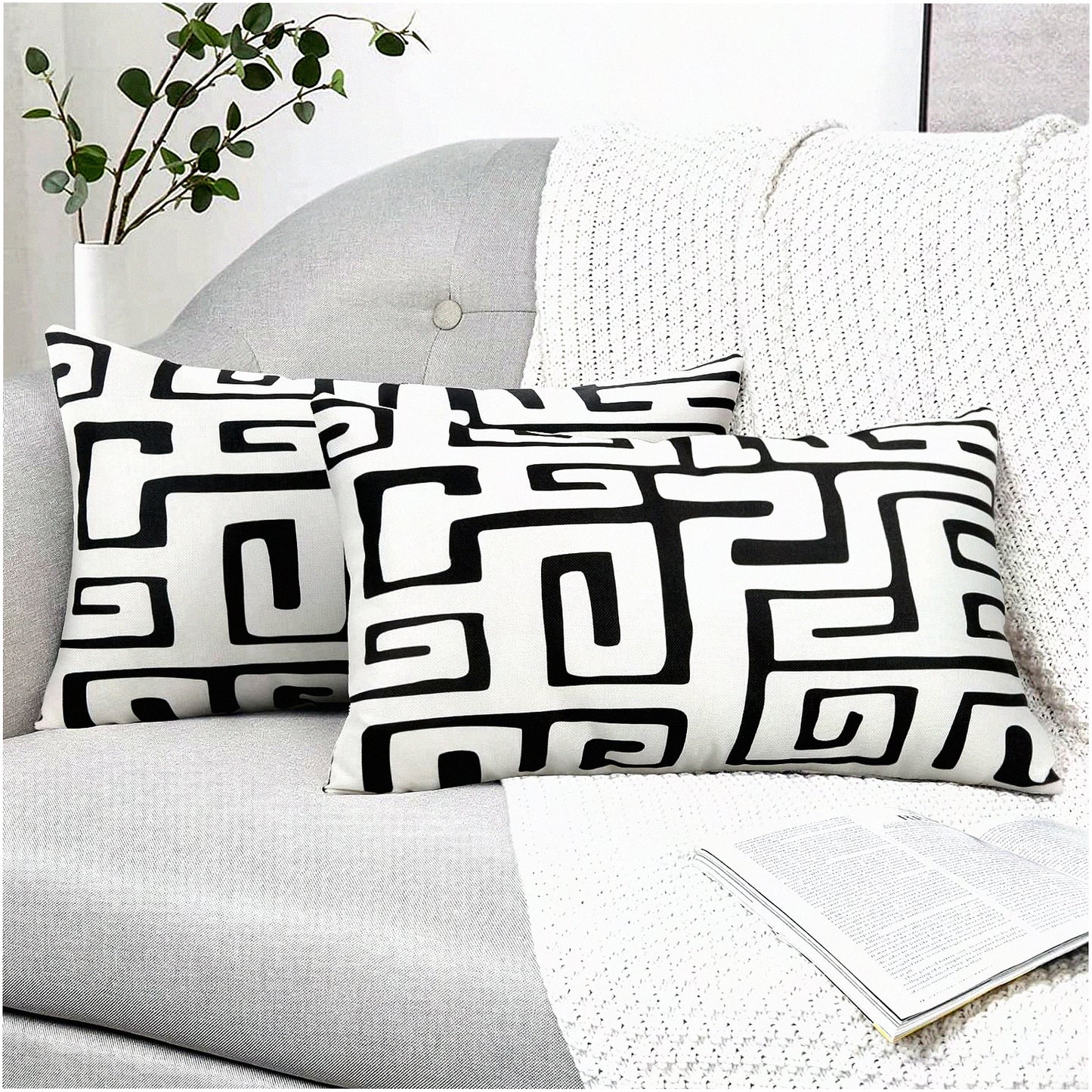 Geometric Monochrome Pillowcase Set - Black White Square Cushion Cover for Couch Sofa Bed - Decorative Throw Pillow Case 12x20 Inch - Living Room Bedroom Décor