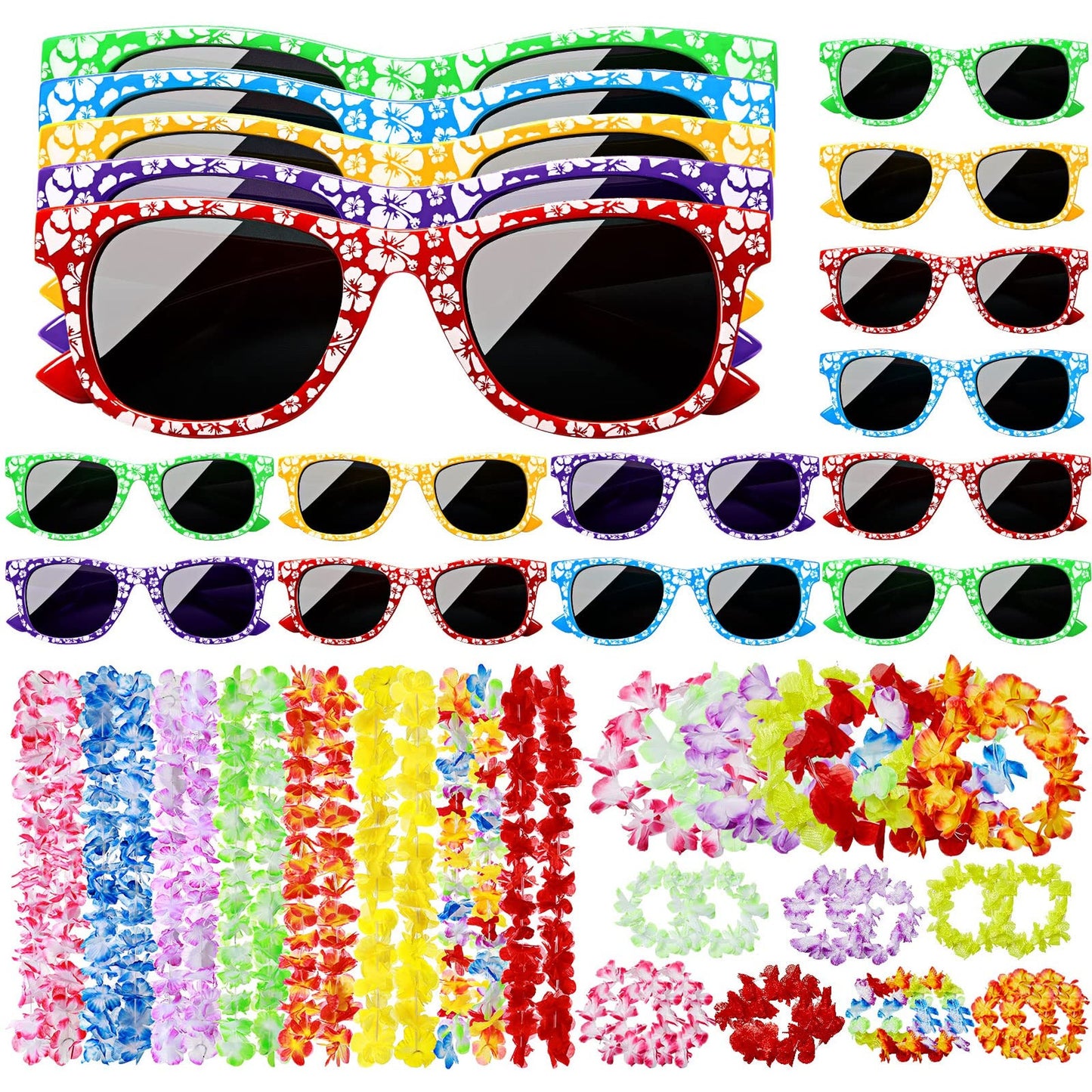 Hawaiian Luau Party Pack - 125 Pieces of Fun with Leis, Glasses, Bracelets, and Headbands! Perfect for Beach Parties and Tropical Decorations!