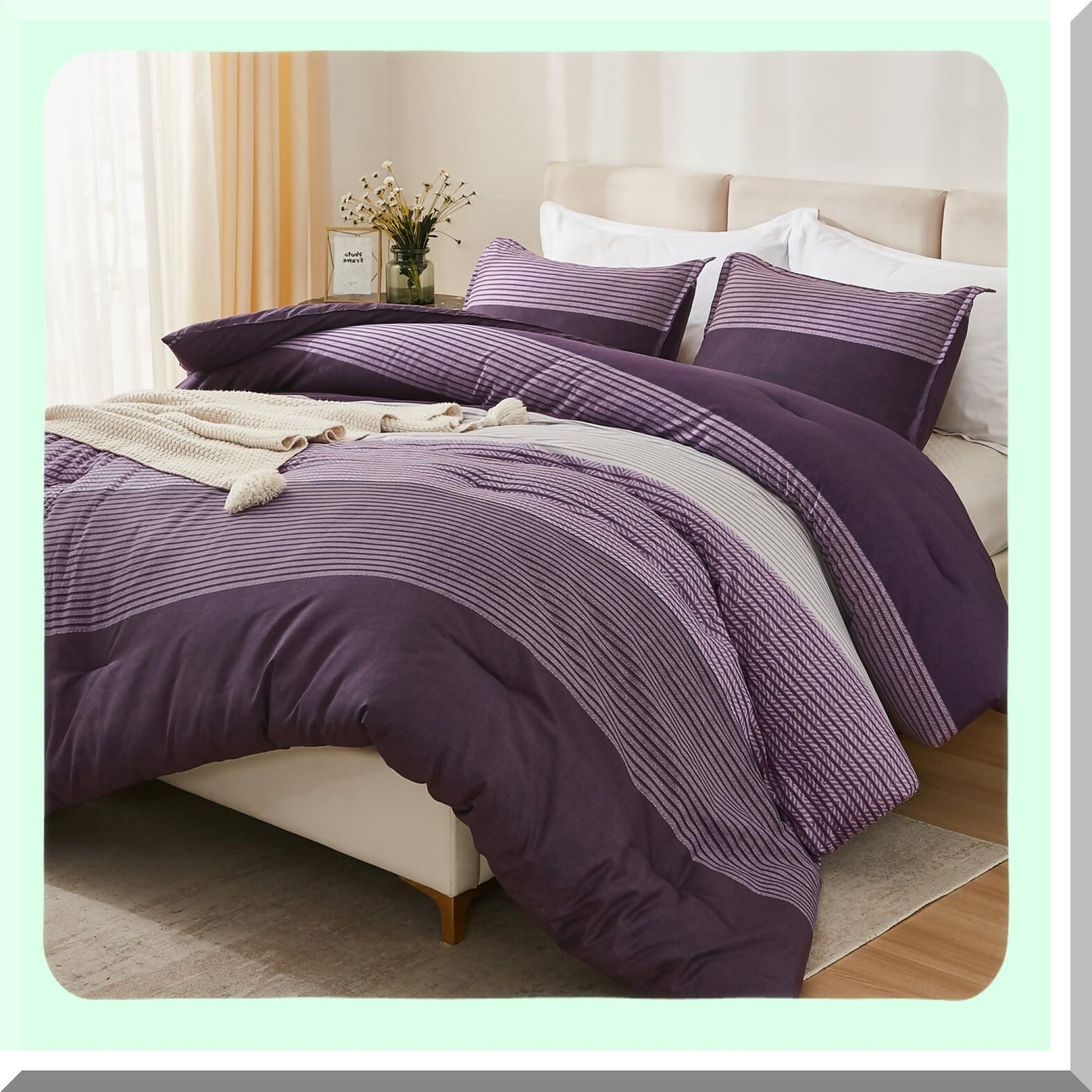 Luxury Stripe Purple Comforter Set - 3 Piece Bedding Set with Down Alternative Comforter, Soft Lightweight All Season Queen Comforter with 2 Pillowcases