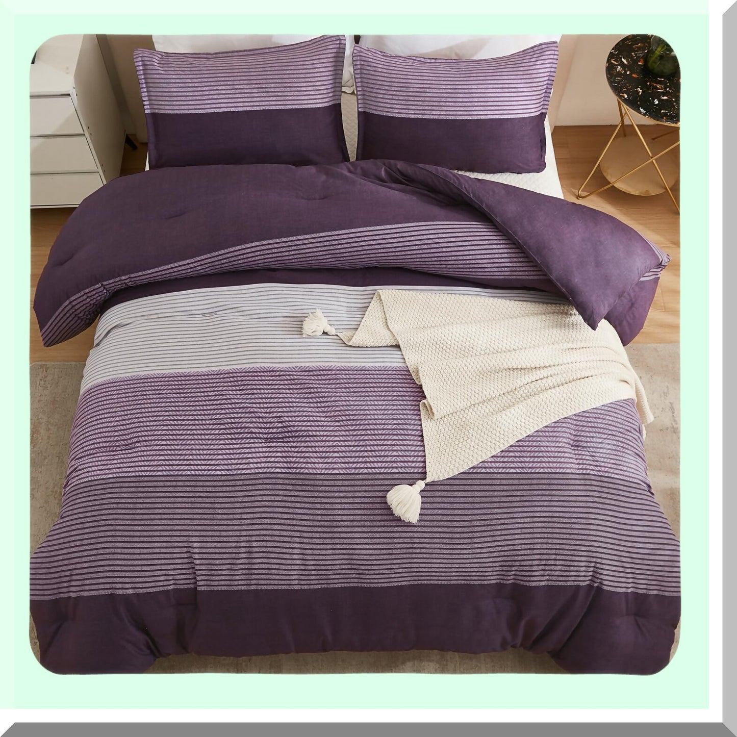 Luxury Stripe Purple Comforter Set - 3 Piece Bedding Set with Down Alternative Comforter, Soft Lightweight All Season Queen Comforter with 2 Pillowcases