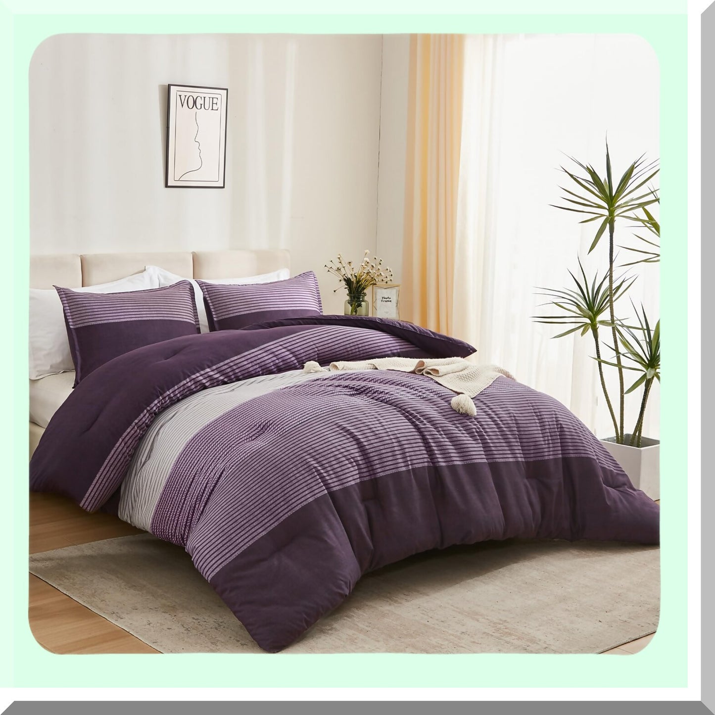 Luxury Stripe Purple Comforter Set - 3 Piece Bedding Set with Down Alternative Comforter, Soft Lightweight All Season Queen Comforter with 2 Pillowcases